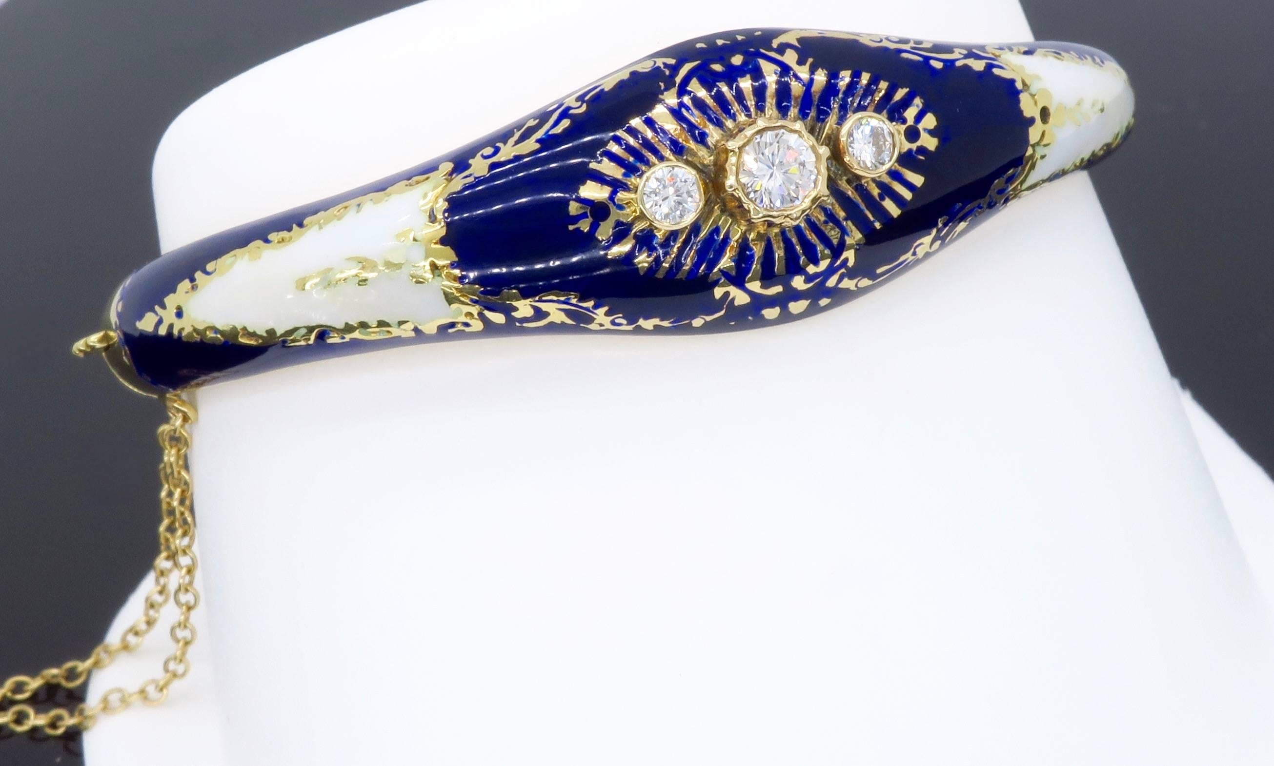 Vintage Blue & White Enamel and Diamond 14 Karat Gold Bangle Bracelet  In Excellent Condition In Webster, NY