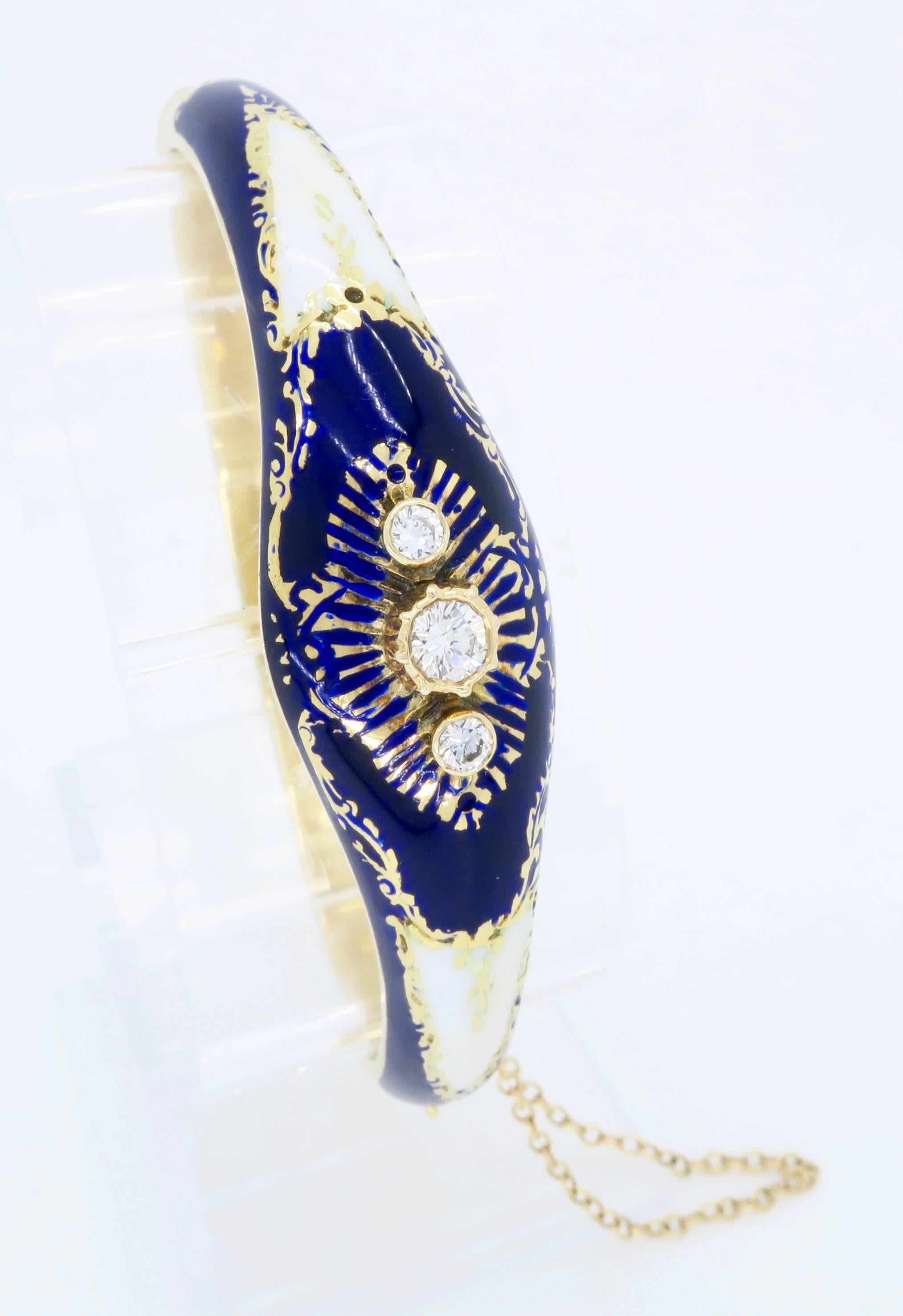 Women's Vintage Blue & White Enamel and Diamond 14 Karat Gold Bangle Bracelet 