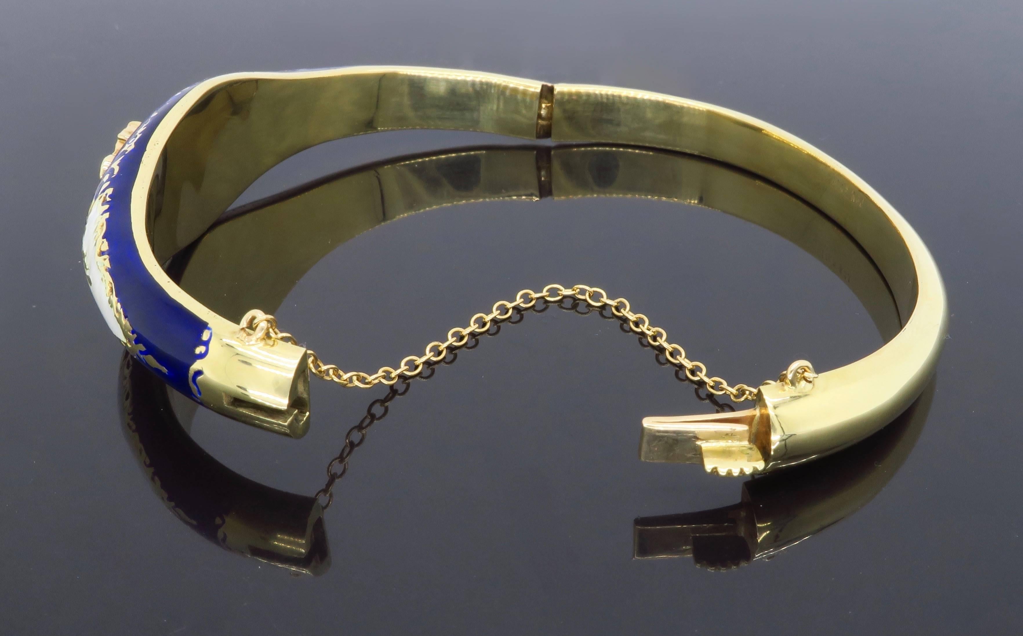 Vintage Blue & White Enamel and Diamond 14 Karat Gold Bangle Bracelet  2
