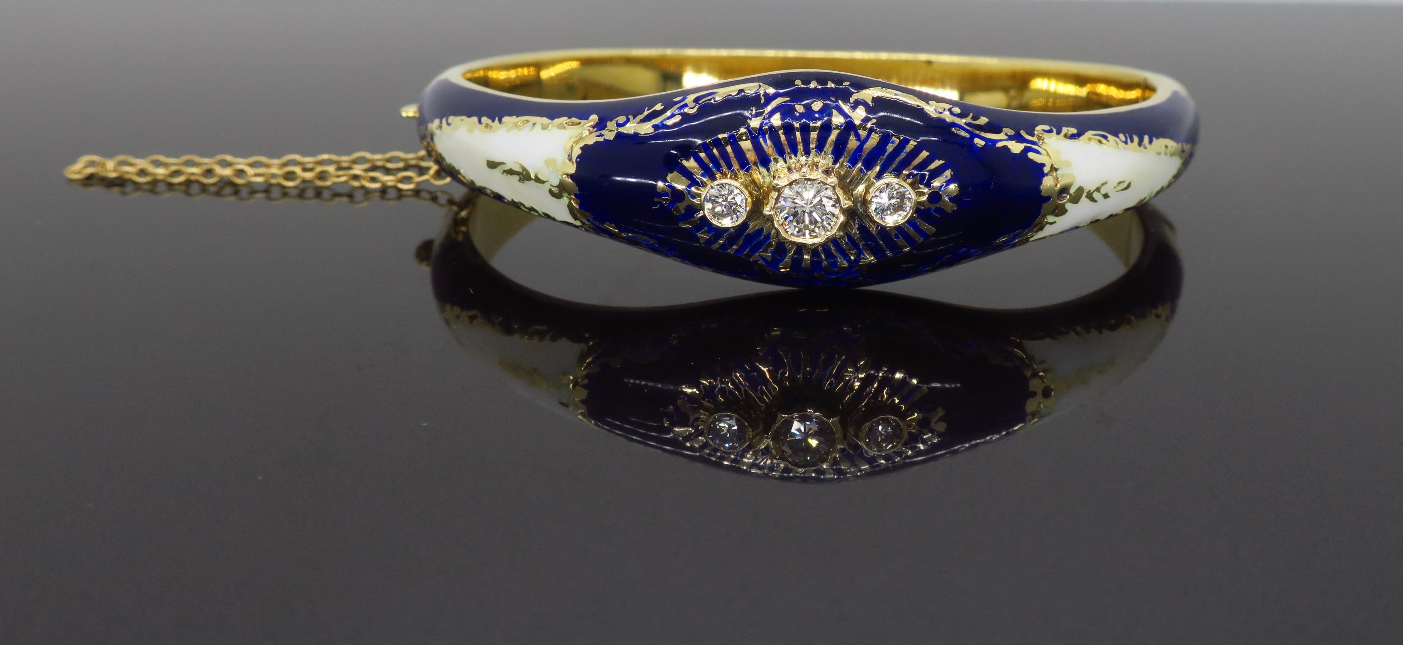 Vintage Blue & White Enamel and Diamond 14 Karat Gold Bangle Bracelet  3
