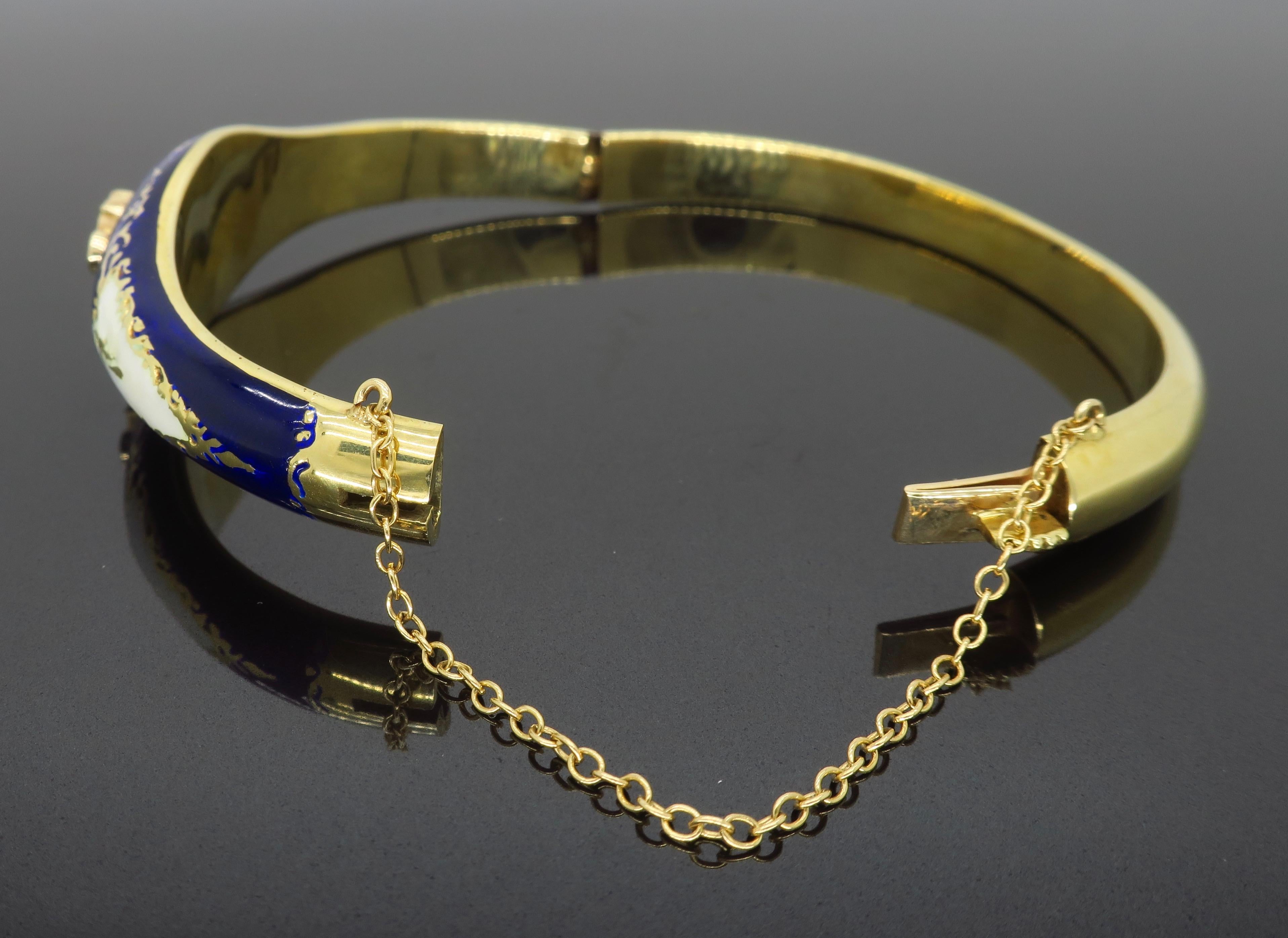 Vintage Blue & White Enamel and Diamond 14 Karat Gold Bangle Bracelet  5