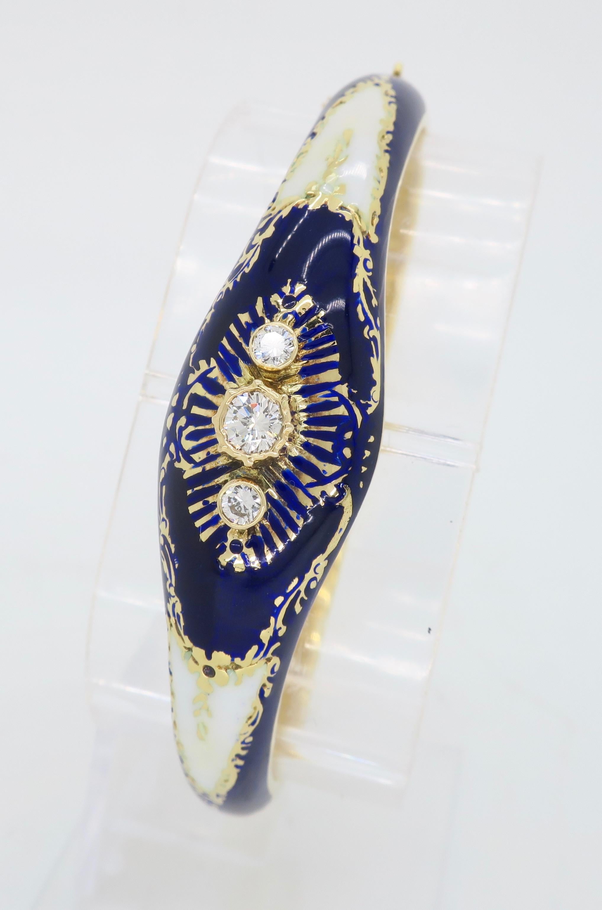 Vintage Blue & White Enamel and Diamond 14 Karat Gold Bangle Bracelet  9