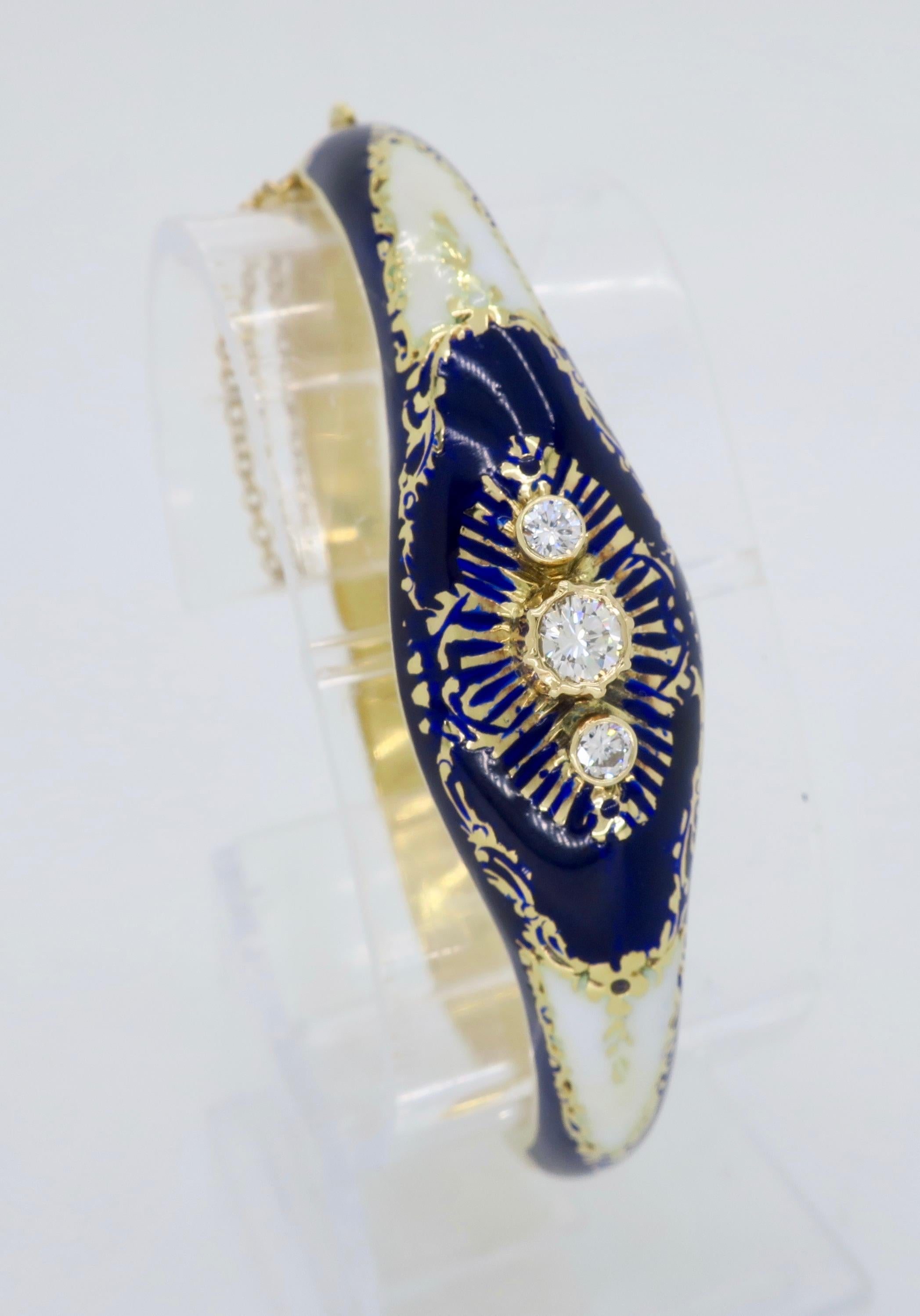 Vintage Blue & White Enamel and Diamond 14 Karat Gold Bangle Bracelet  10