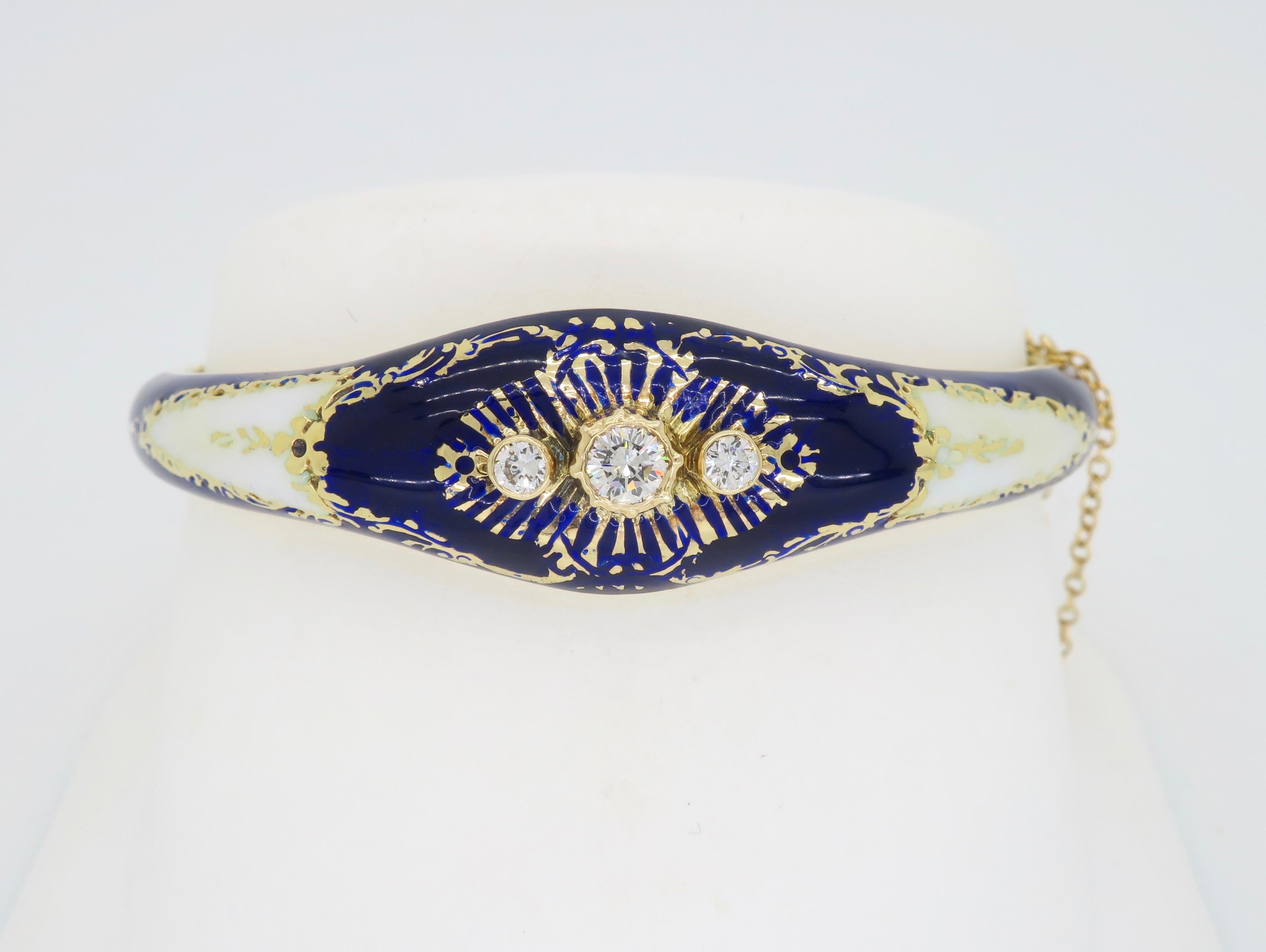 Vintage Blue & White Enamel and Diamond 14 Karat Gold Bangle Bracelet  11