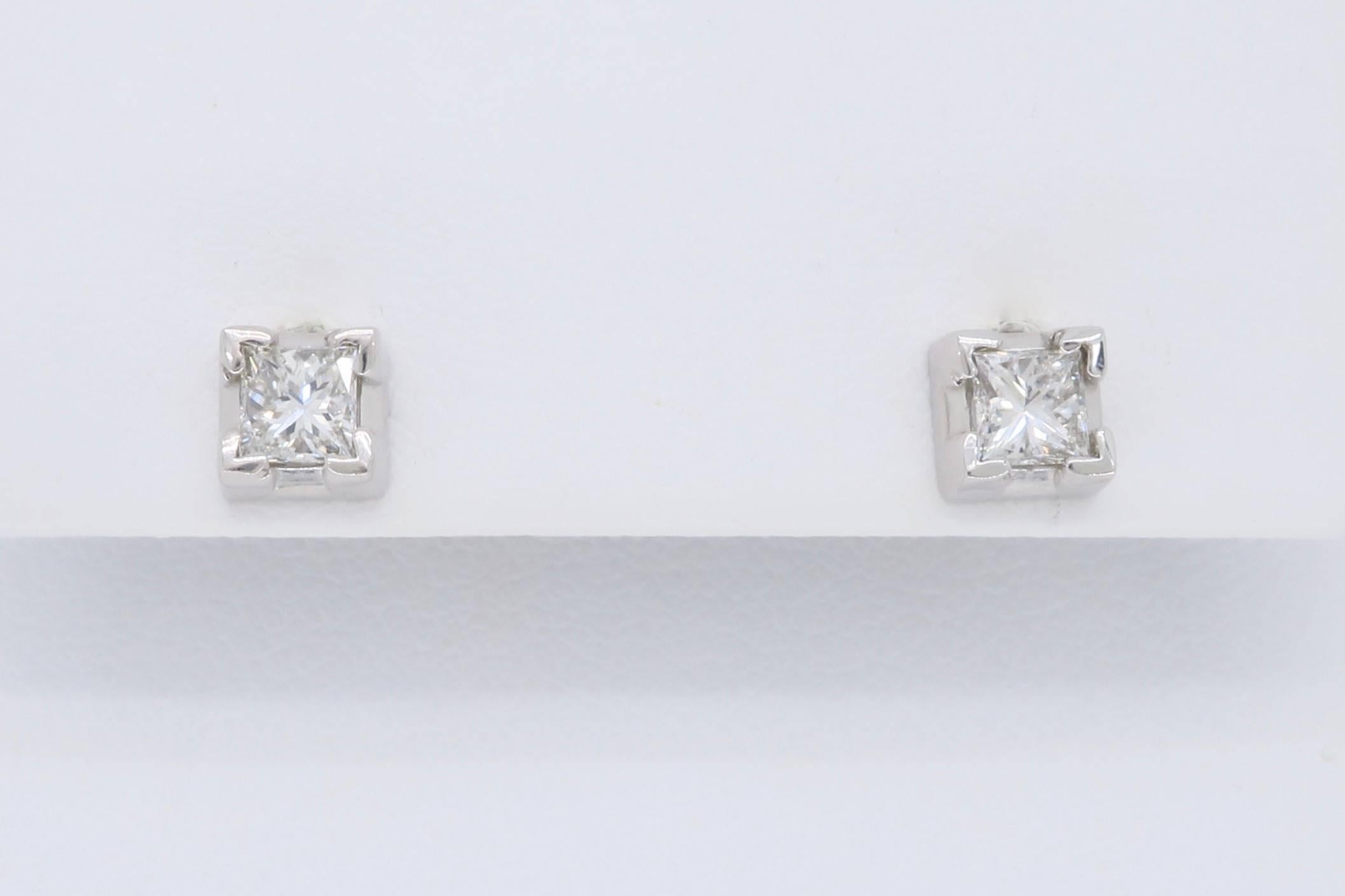 Women's or Men's 14k White Gold Princess Cut Diamond Stud Earrings