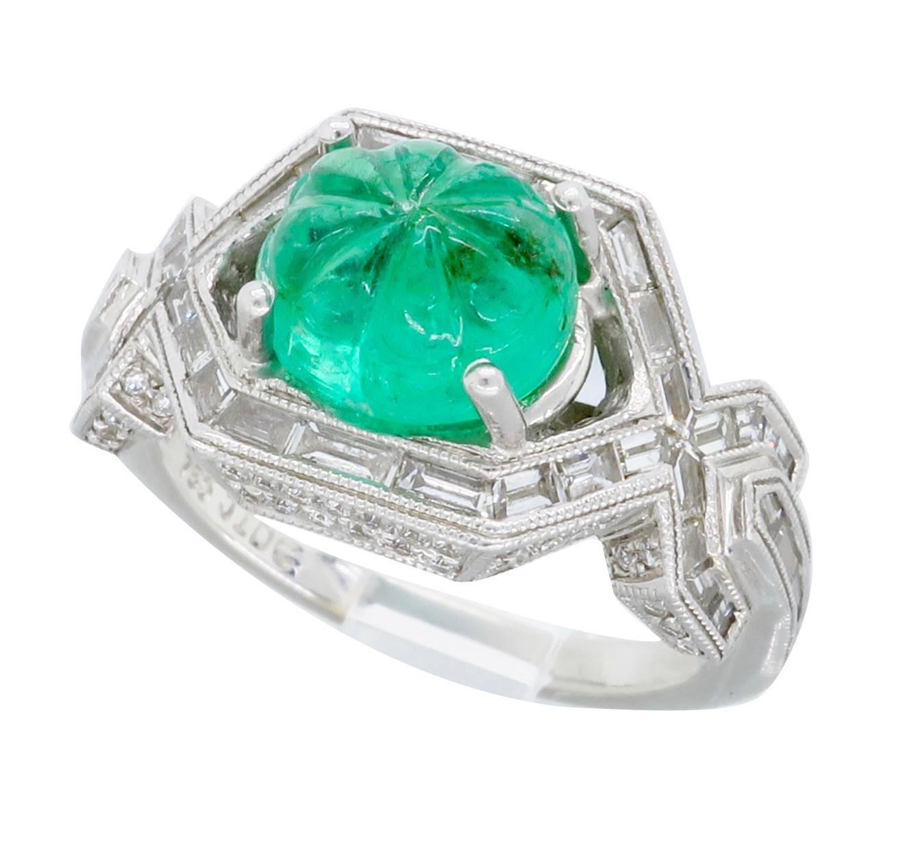 18k White Gold Diamond & Carved Emerald Ring  In Excellent Condition In Webster, NY