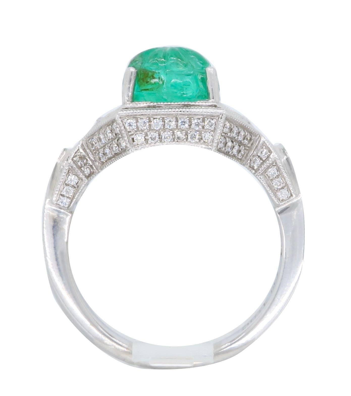 18k White Gold Diamond & Carved Emerald Ring  2