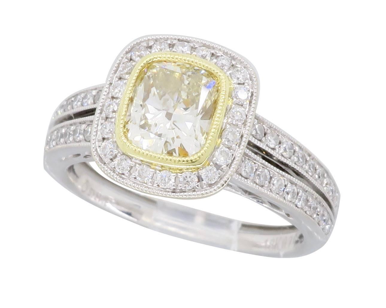 18 Karat Sylvie Light Yellow Diamond Halo Engagement Ring  In New Condition In Webster, NY