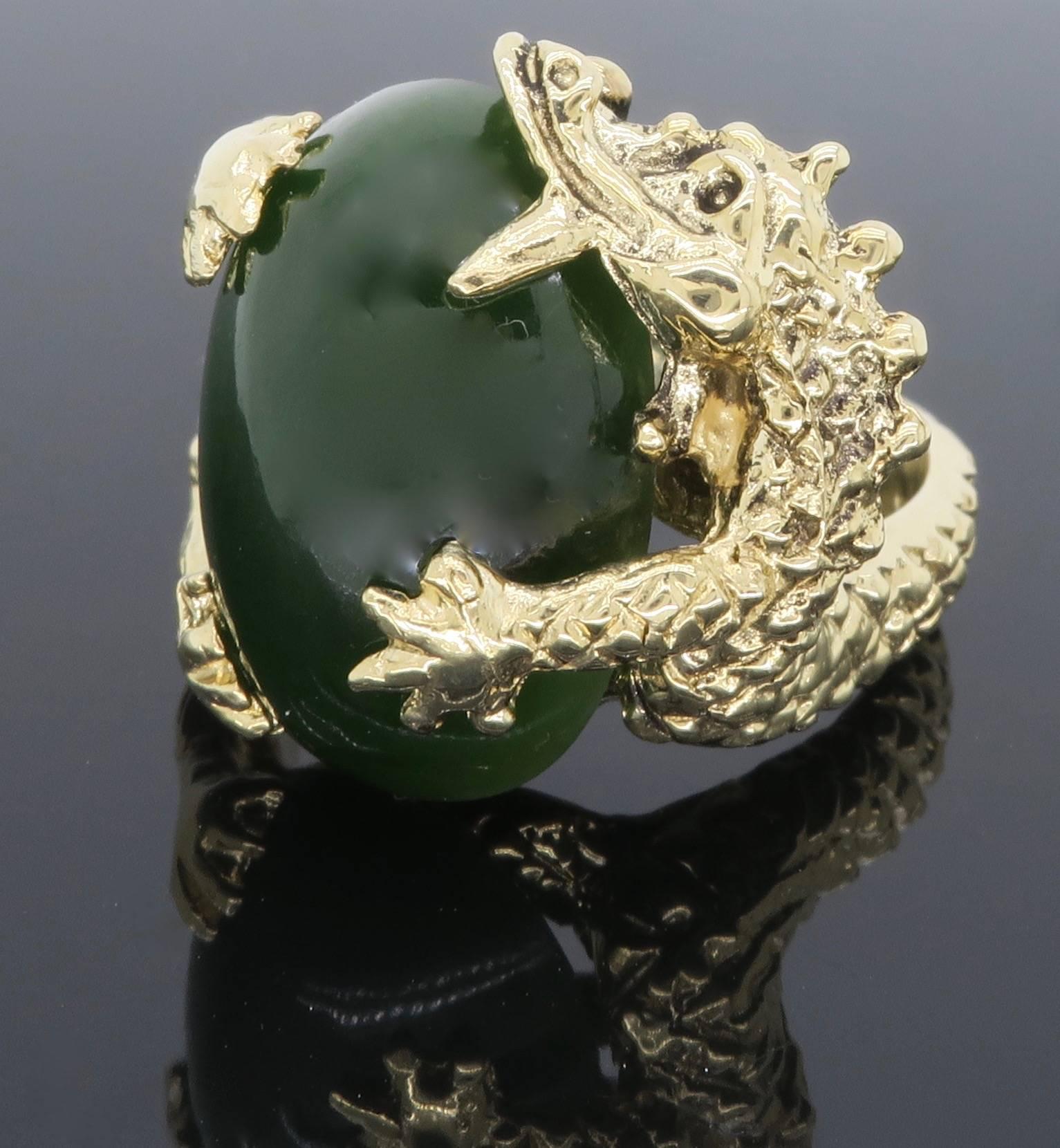 Women's or Men's Jade and 14 Karat Yellow Gold Dragon Ring