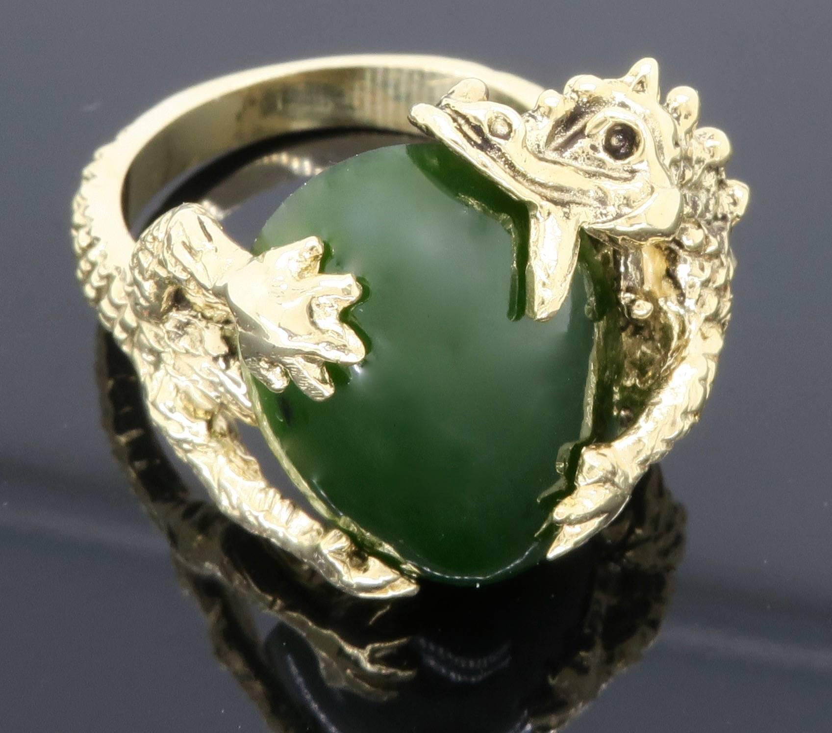 Jade and 14 Karat Yellow Gold Dragon Ring 1