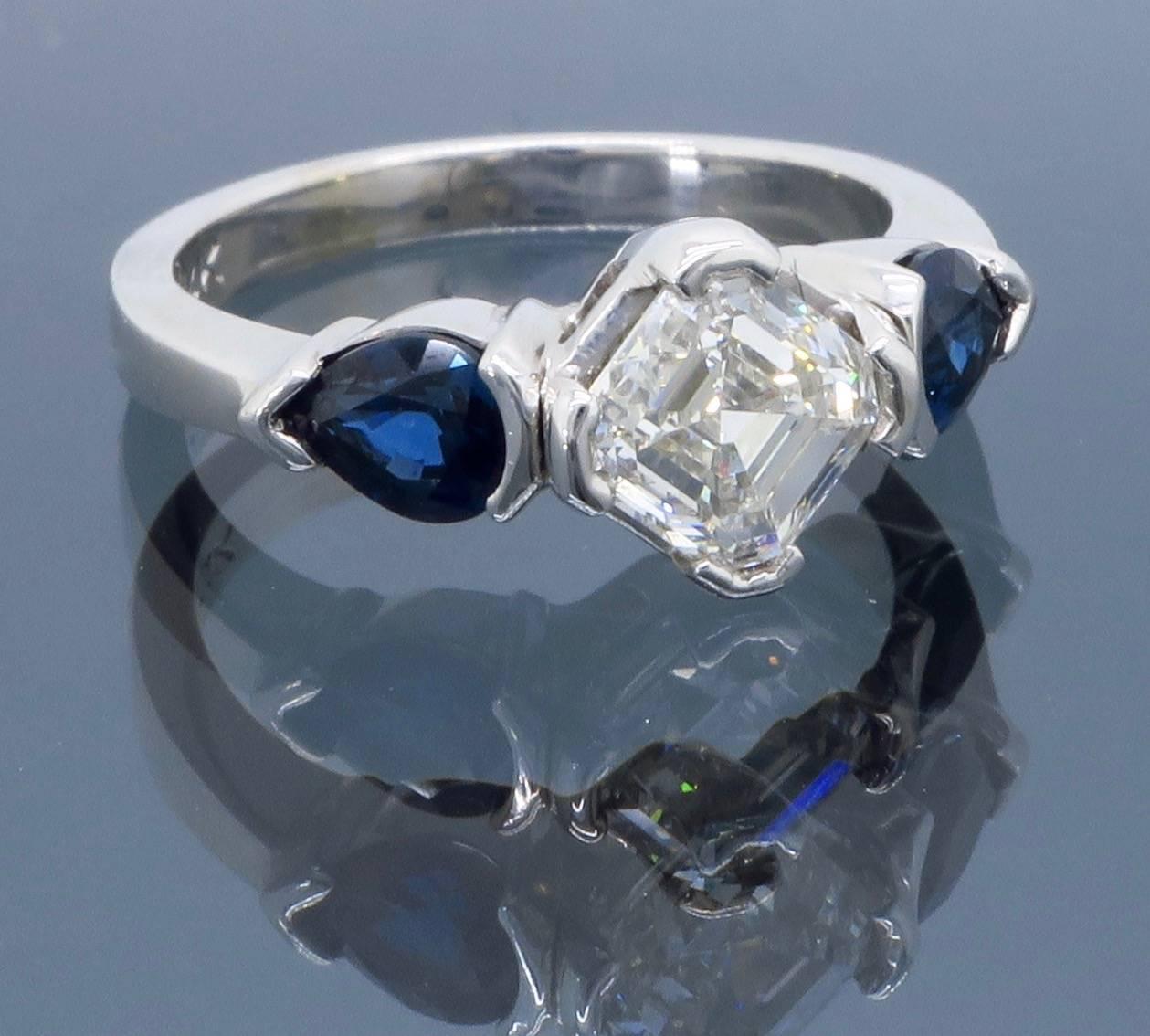 Asscher Cut Diamond and Sapphire Three-Stone Engagement Ring In Excellent Condition In Webster, NY