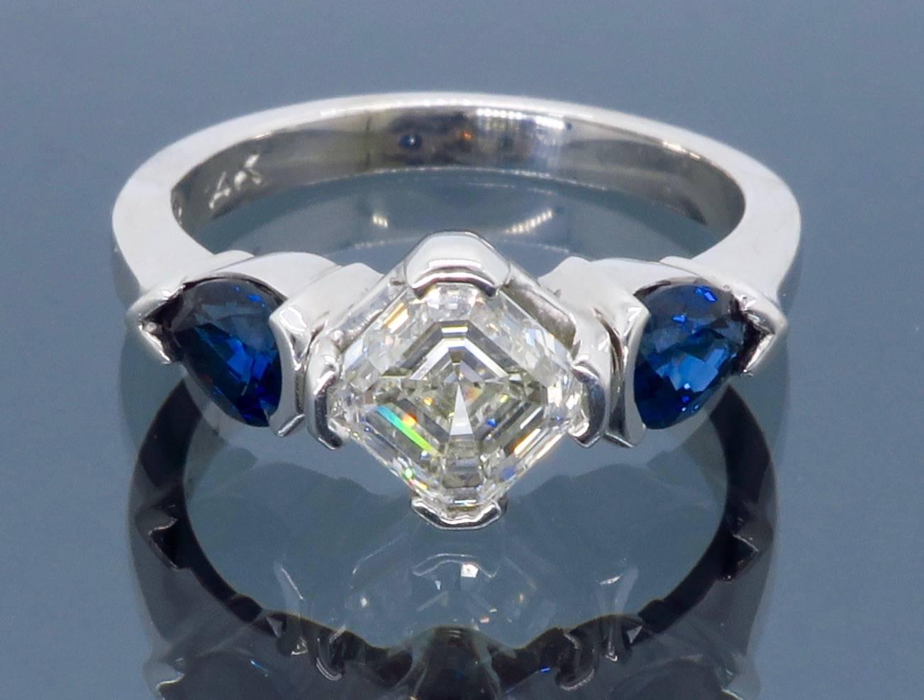 Women's Asscher Cut Diamond and Sapphire Three-Stone Engagement Ring
