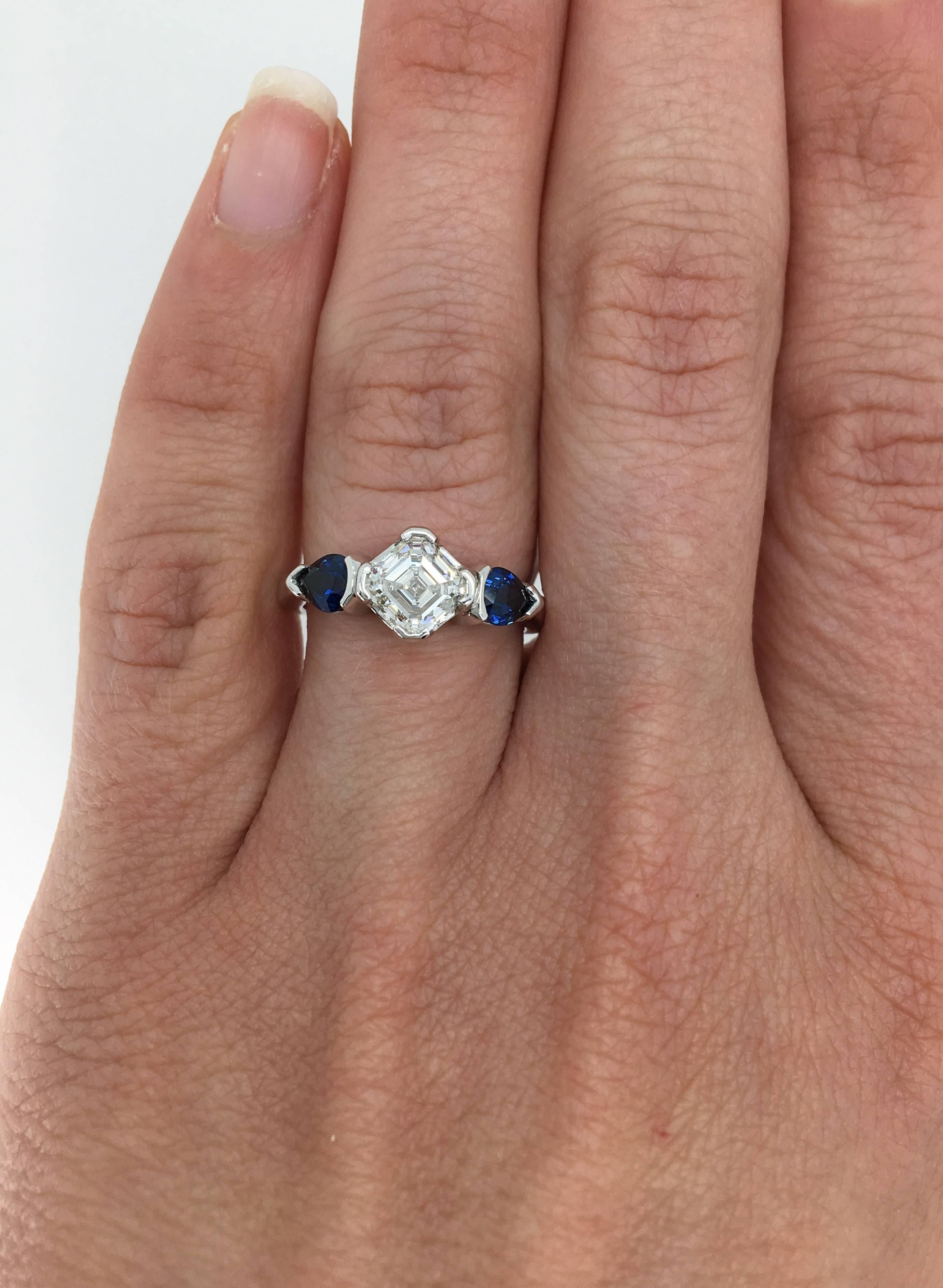 Asscher Cut Diamond and Sapphire Three-Stone Engagement Ring 3