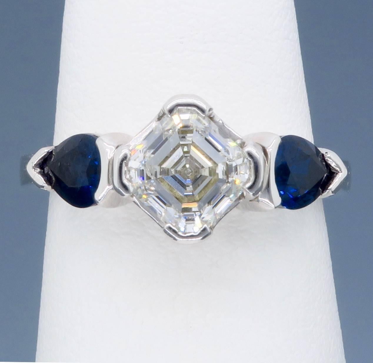 Asscher Cut Diamond and Sapphire Three-Stone Engagement Ring 4