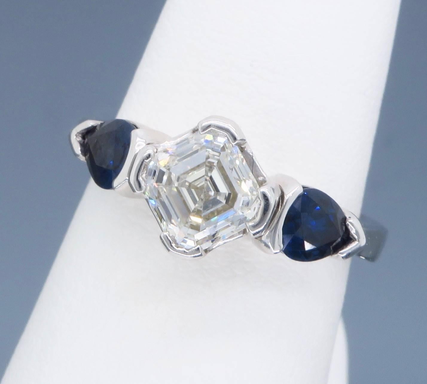 Asscher Cut Diamond and Sapphire Three-Stone Engagement Ring 5