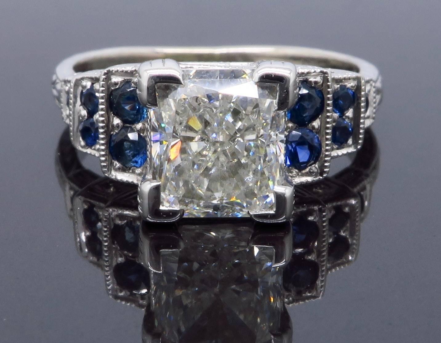 1.40 Carat Princess Cut Diamond and Sapphire Ring In Excellent Condition In Webster, NY