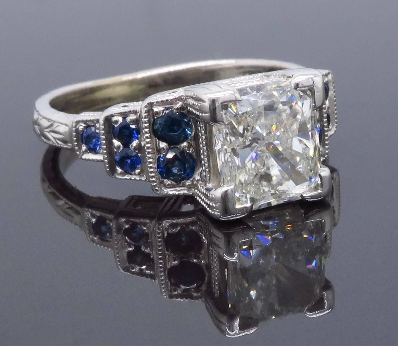 1.40 Carat Princess Cut Diamond and Sapphire Ring 4