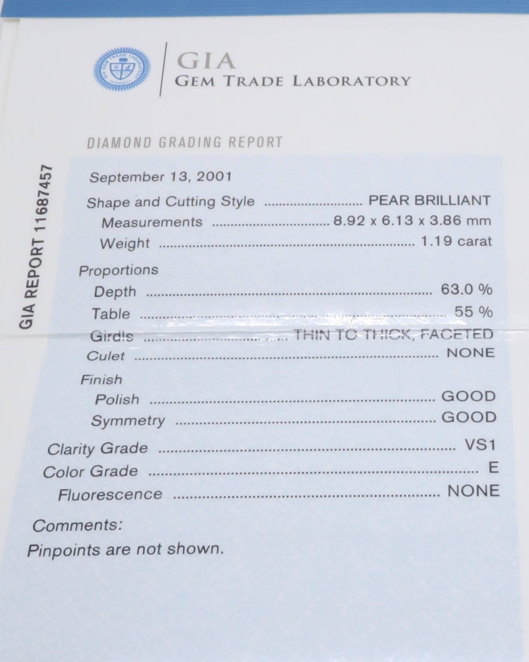 GIA Certified 1.37 Carat Pear Shape Diamond Engagement Ring 5