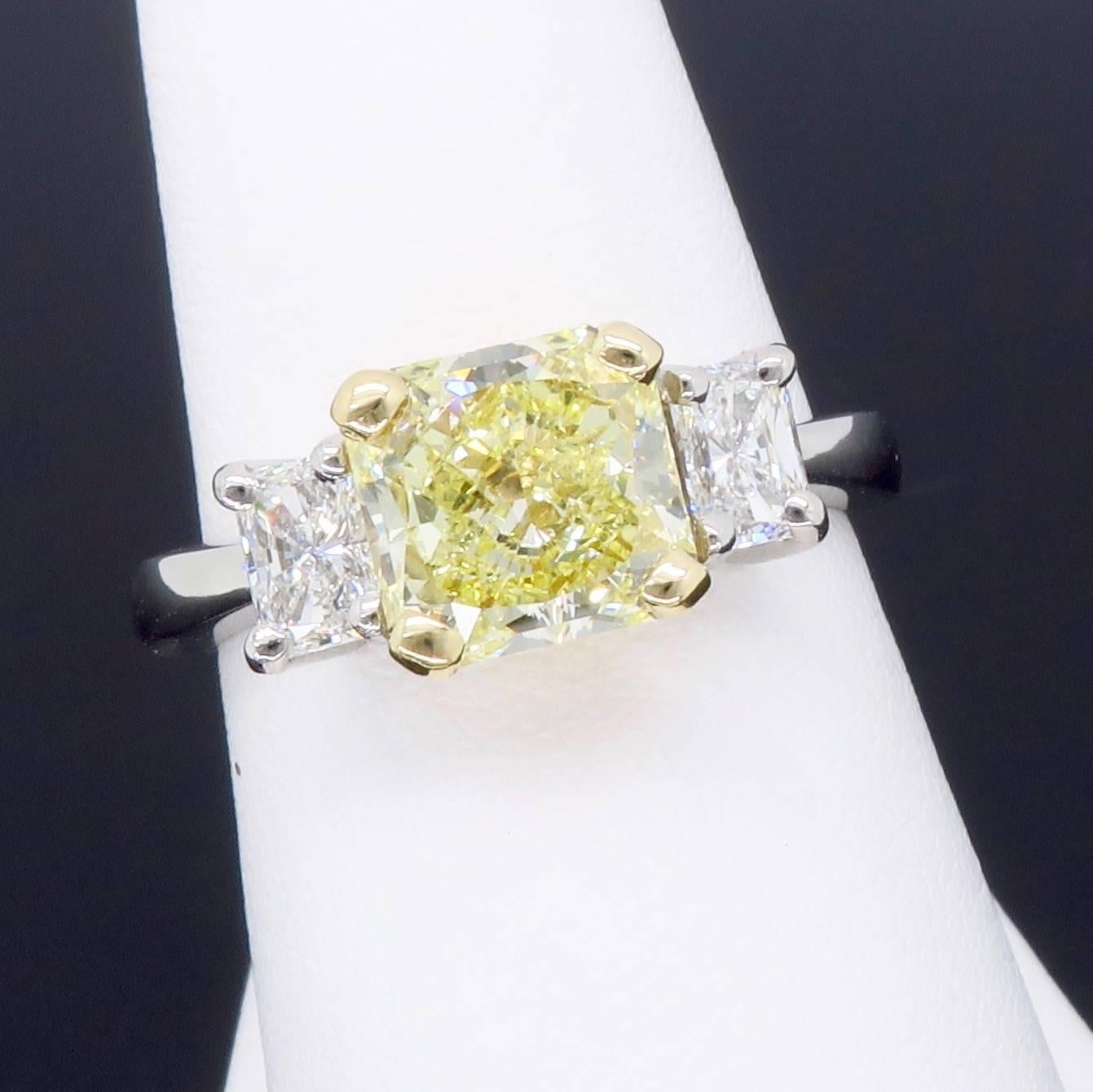Radiant Cut GIA Certified Three Stone 2.08 Carat Yellow & White Diamond Platinum Engagement 