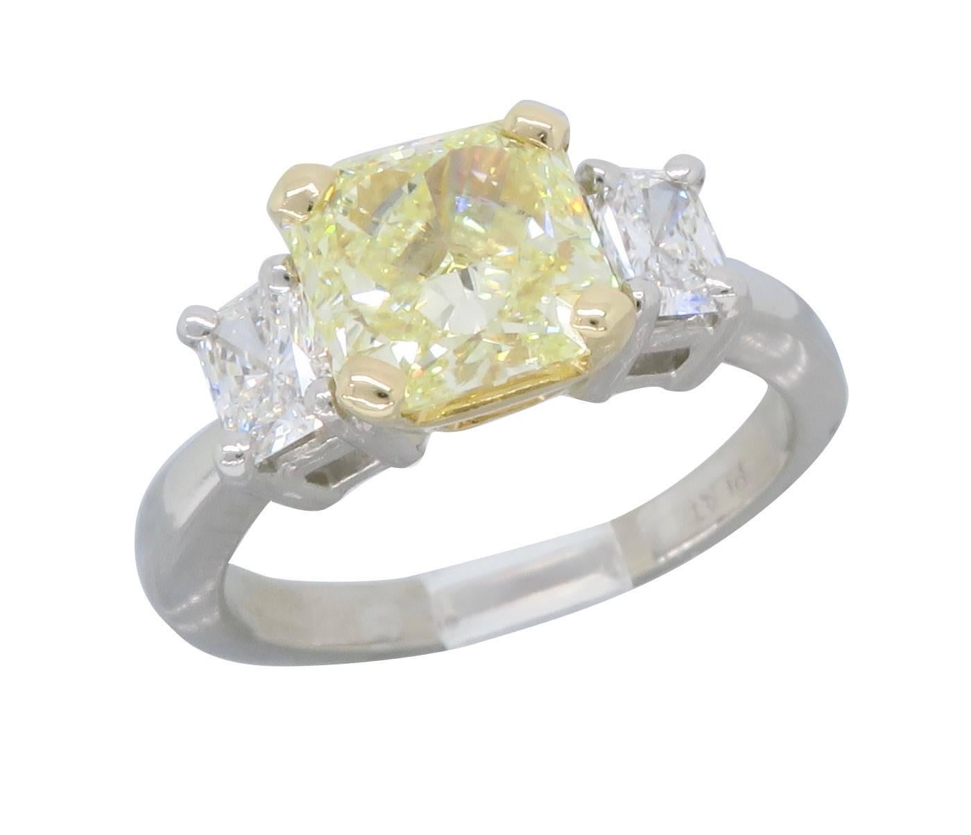 GIA Certified Three Stone 2.08 Carat Yellow & White Diamond Platinum Engagement  1