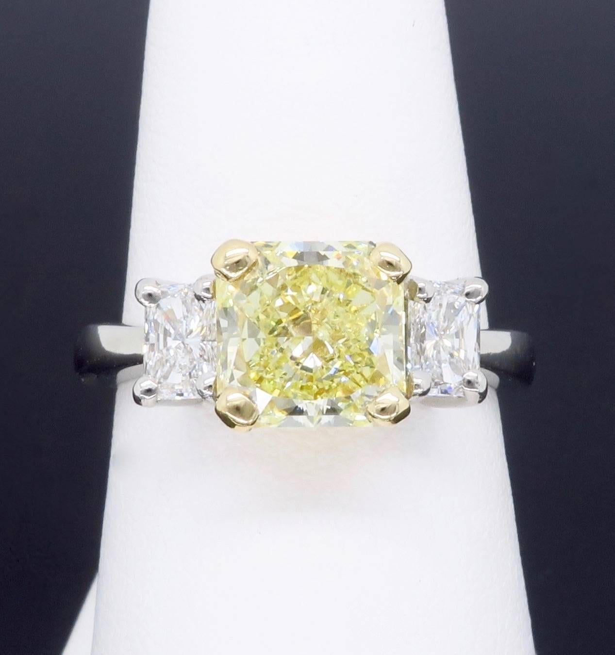 GIA Certified Three Stone 2.08 Carat Yellow & White Diamond Platinum Engagement  4
