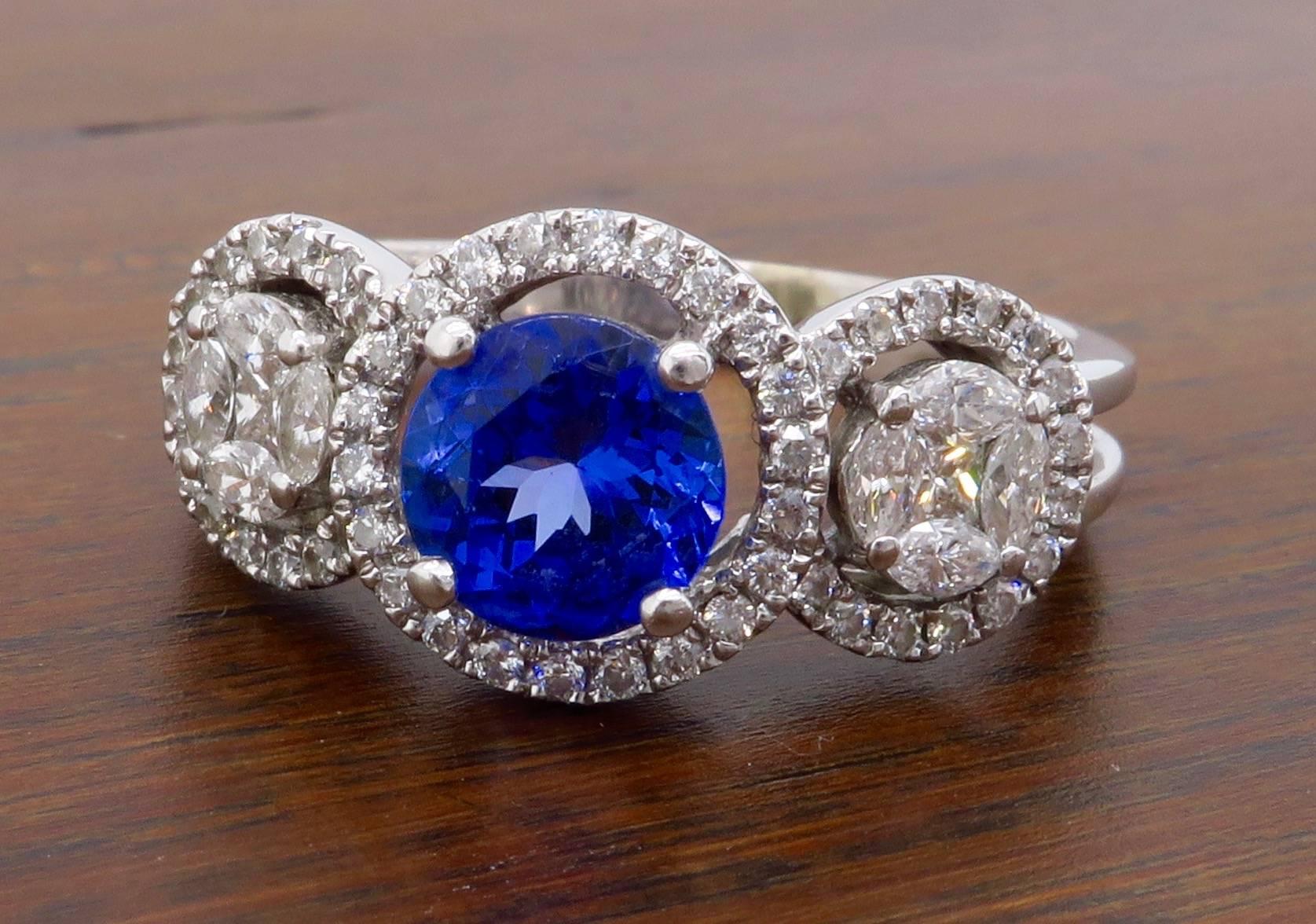 Tanzanite and Diamond White Gold Triple Halo Ring  In Excellent Condition In Webster, NY