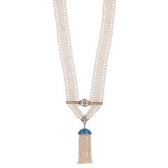 Pearl Sautoir Necklace with Tassel and Aquamarine Accent