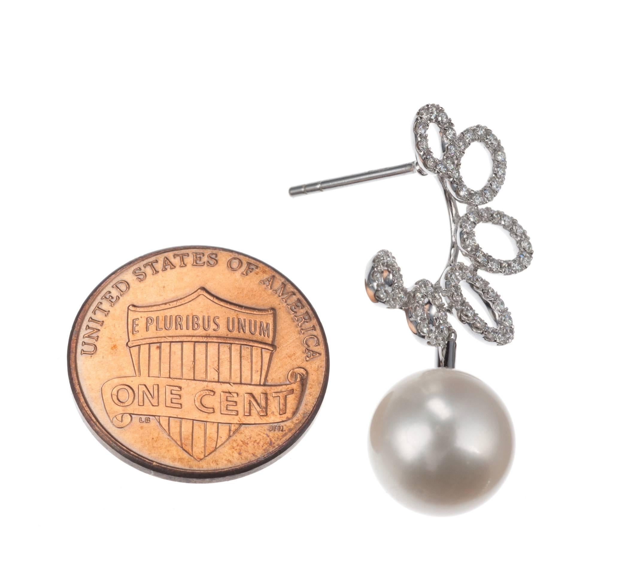 Women's Pearl and Diamond Drop Earrings in 18 Karat White Gold For Sale
