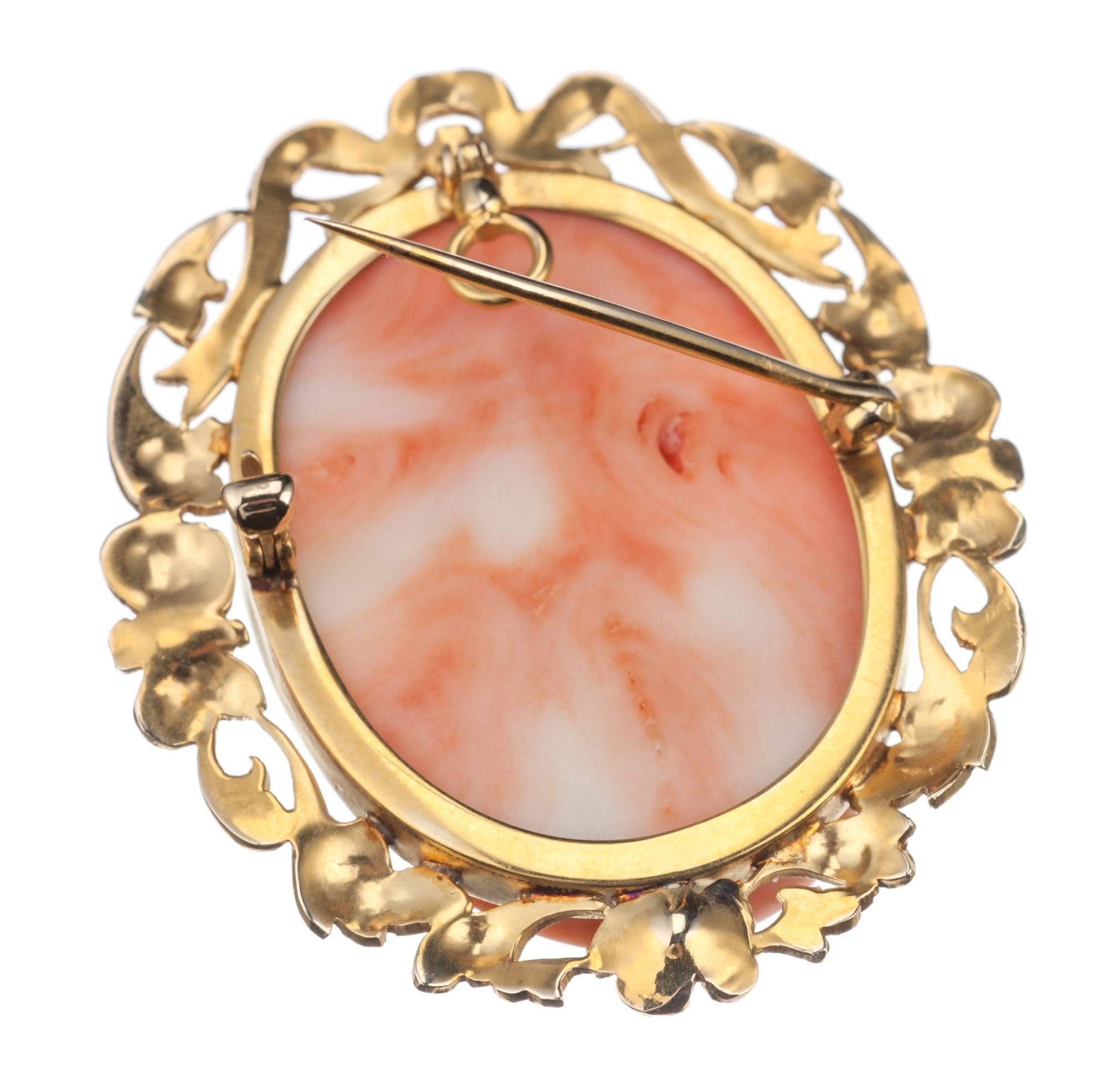 Women's Coral Cameo Brooch and Pendant in 14 Karat Yellow Gold For Sale