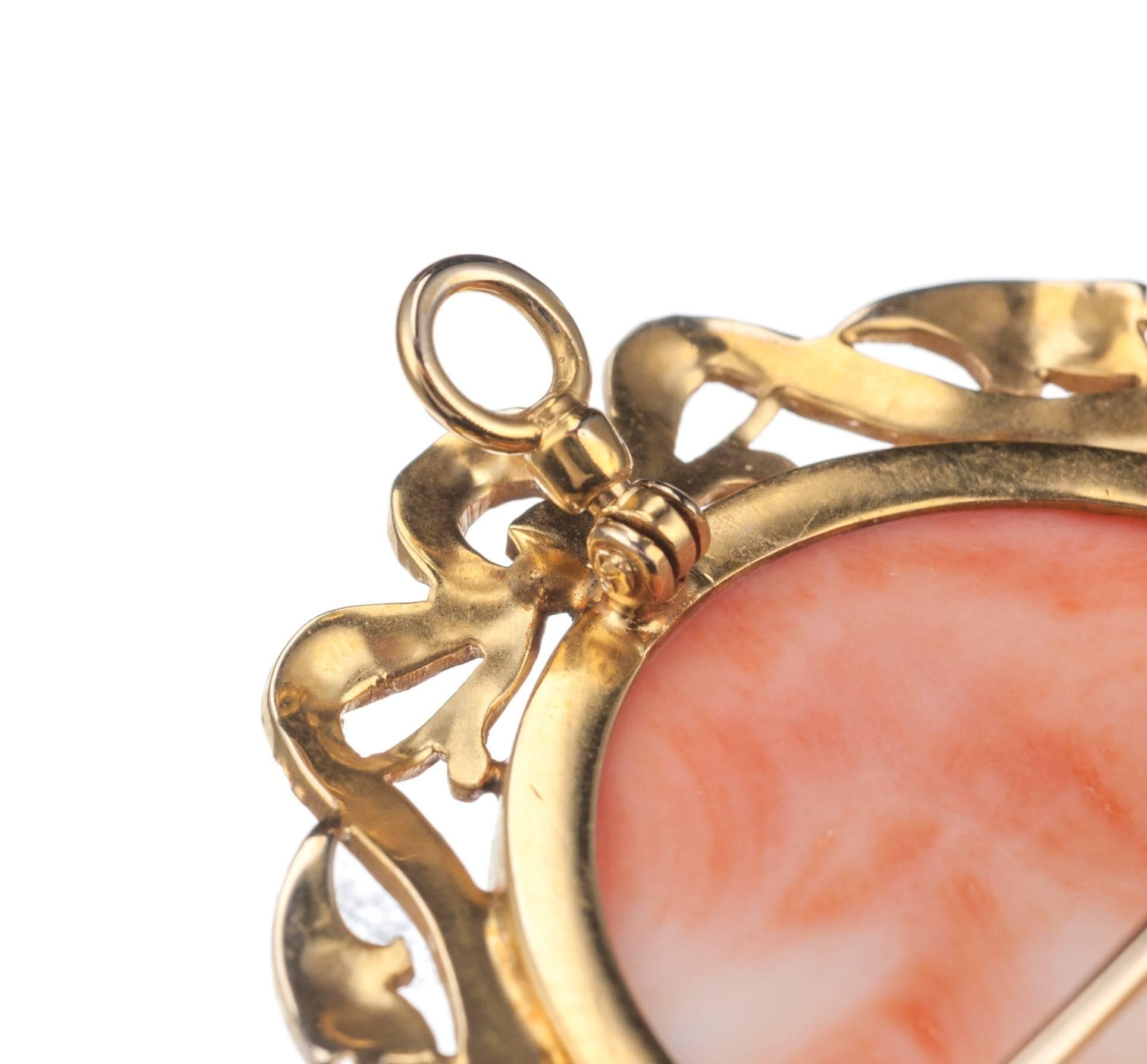 Coral Cameo Brooch and Pendant in 14 Karat Yellow Gold For Sale 2