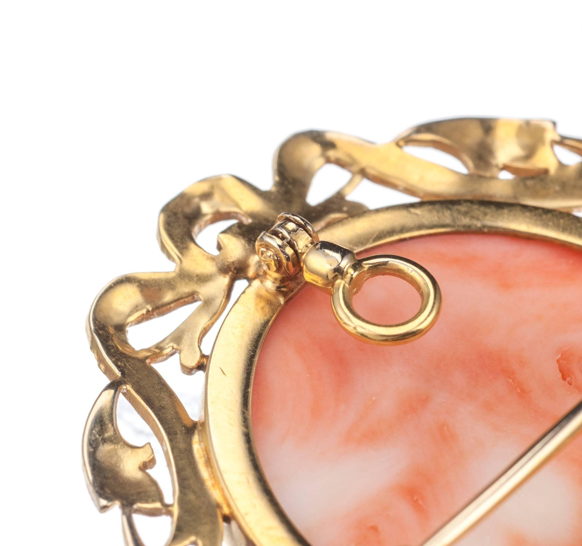 Coral Cameo Brooch and Pendant in 14 Karat Yellow Gold For Sale 3