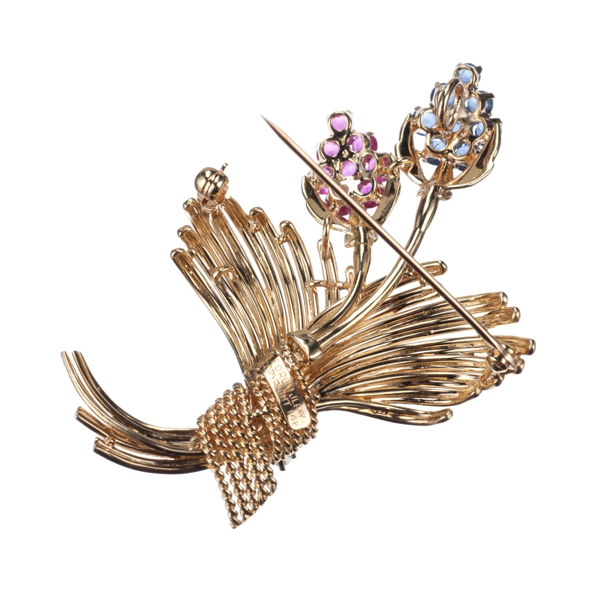 Modern Floral Sapphire and Ruby Diamond Brooch in 14 Karat Yellow Gold