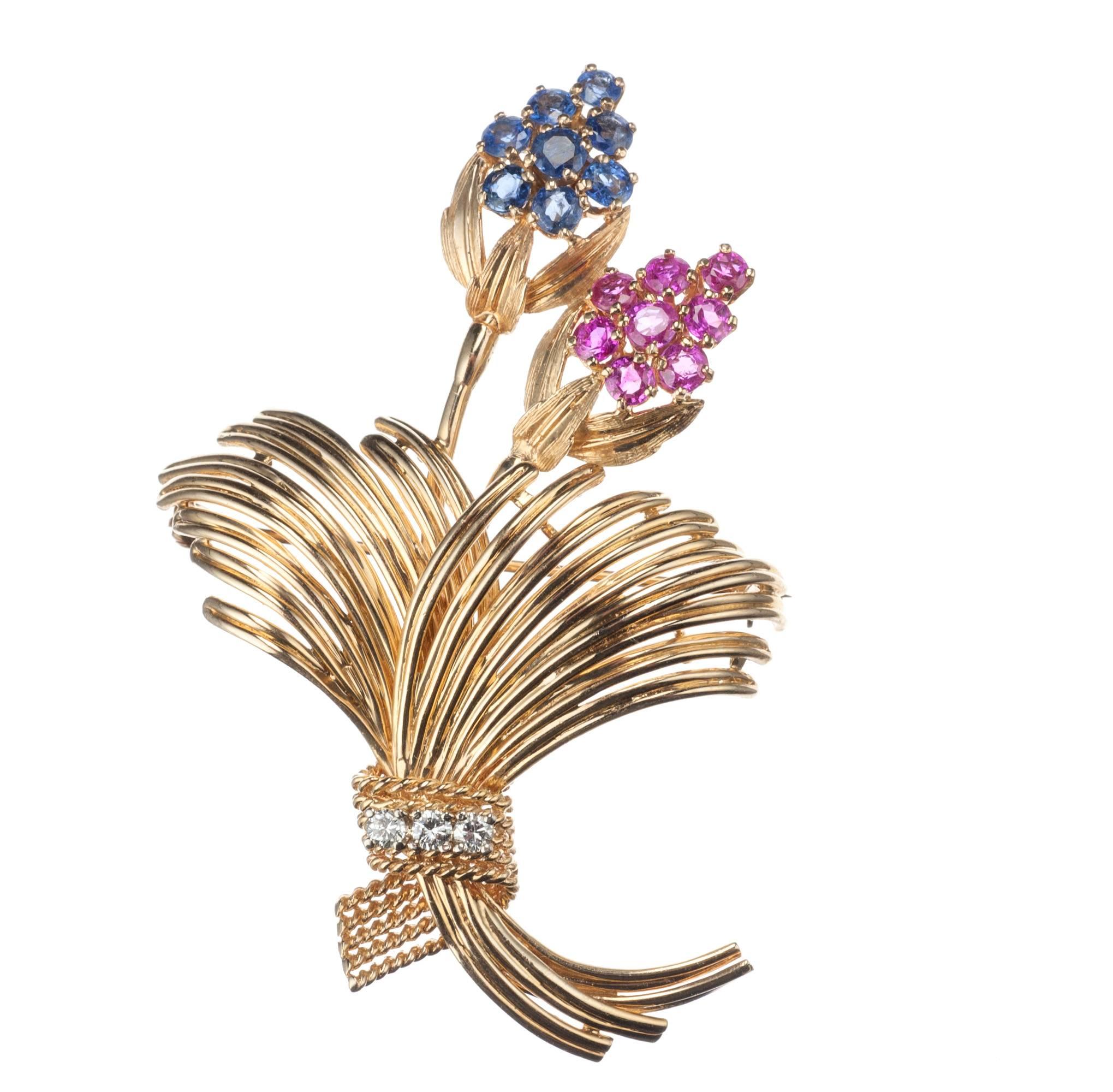 Floral Sapphire and Ruby Diamond Brooch in 14 Karat Yellow Gold