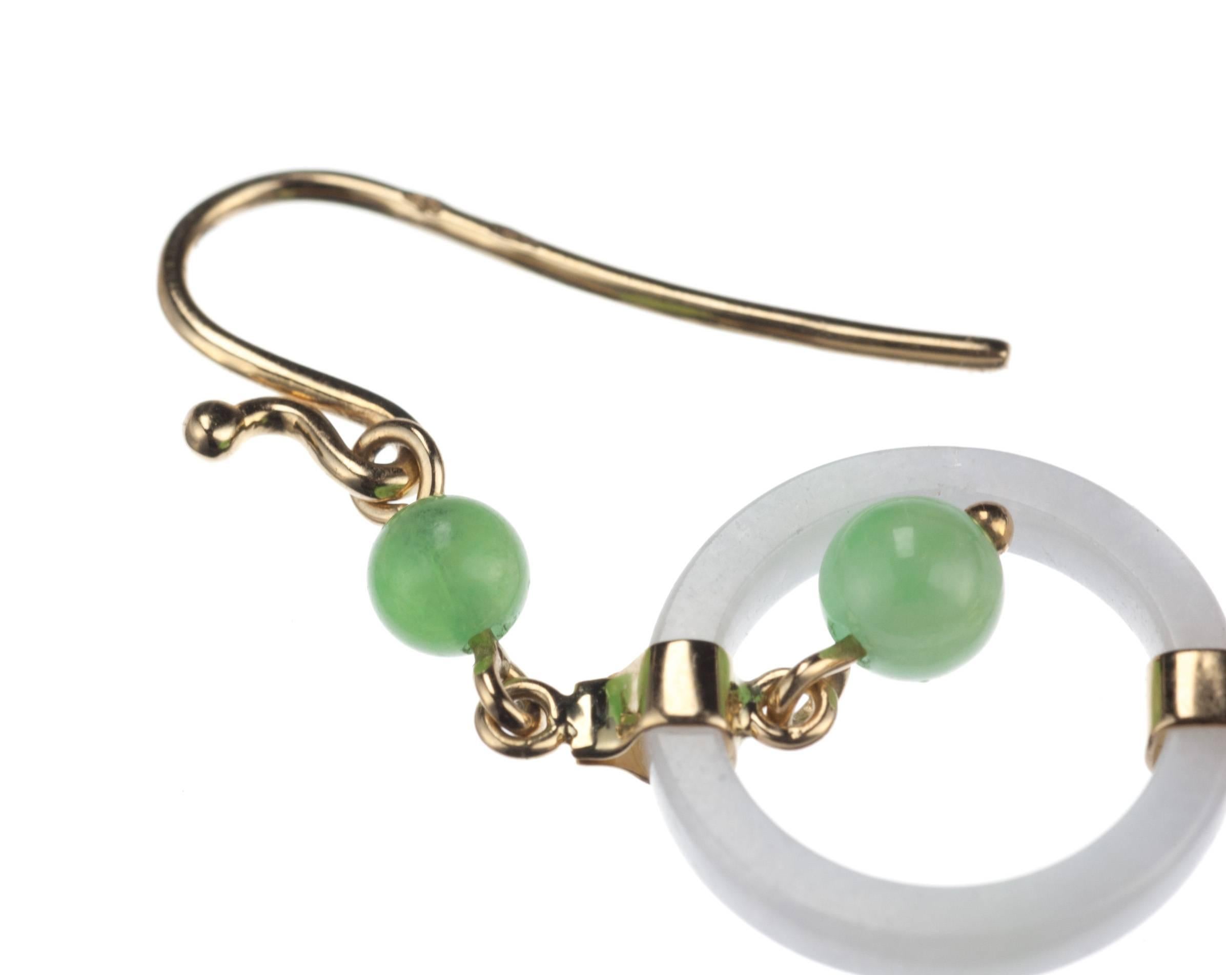 Contemporary White and Green Jadeite Drop Earrings in 18 Karat Yellow Gold For Sale