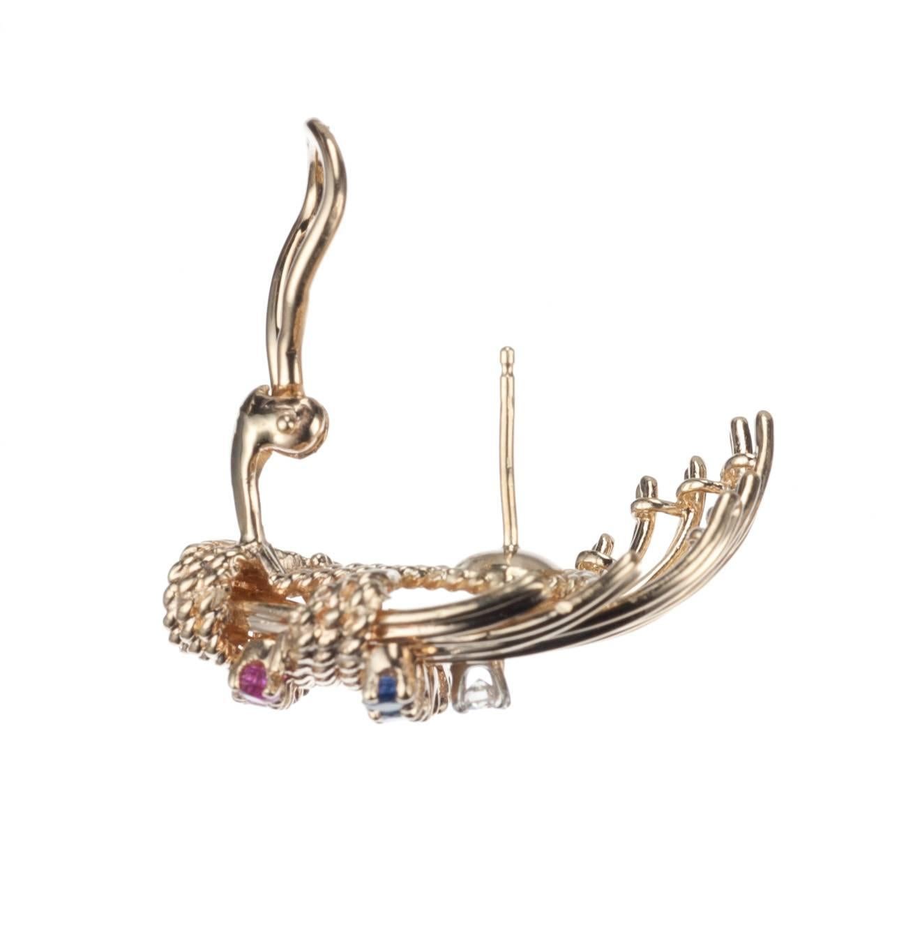 Women's Palm Frond Sapphire and Ruby Earrings in 14 Karat Yellow Gold