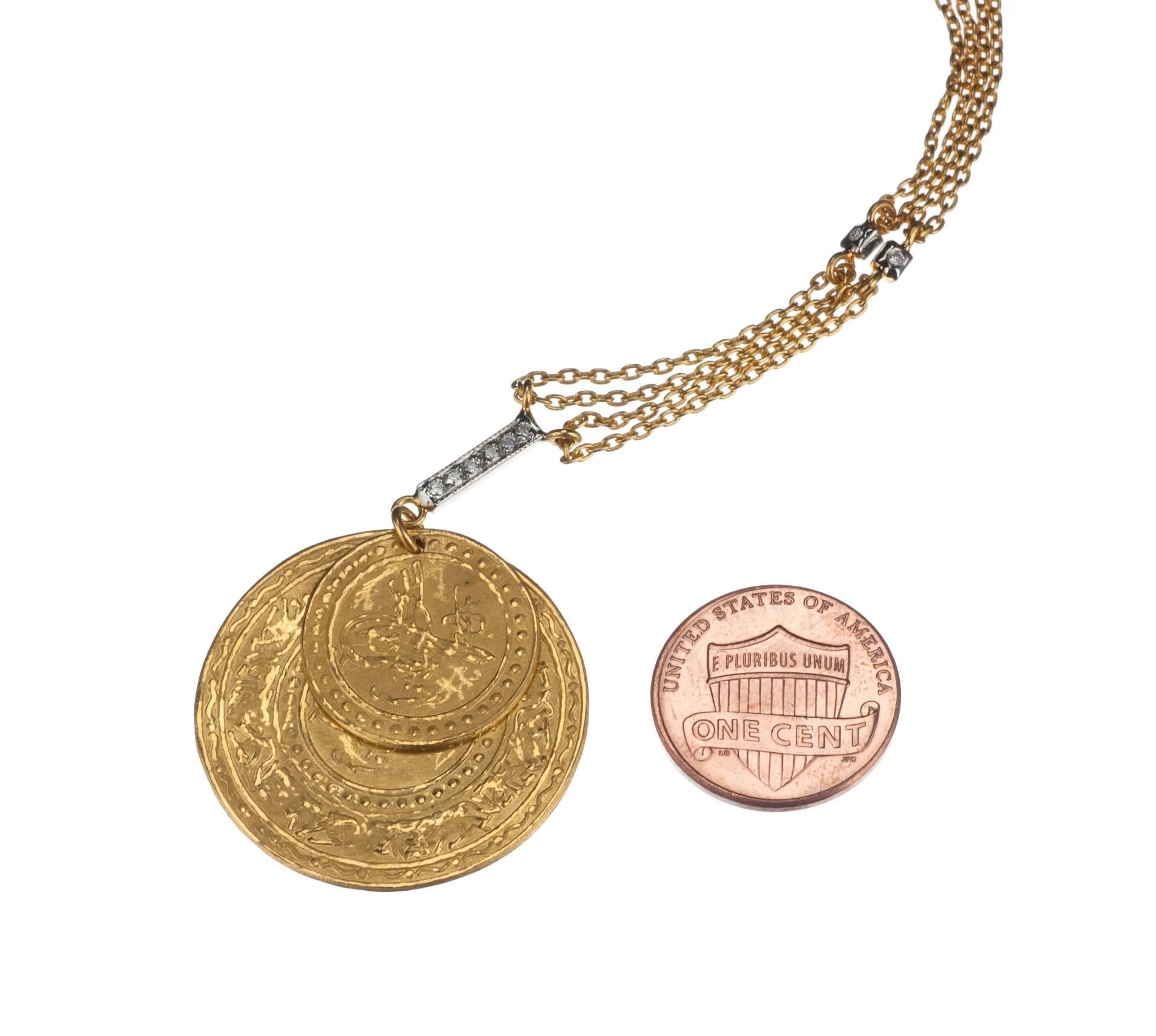 Kurtulan Coin and Diamond Pendant Necklace in 24 Karat Yellow Gold For Sale 3