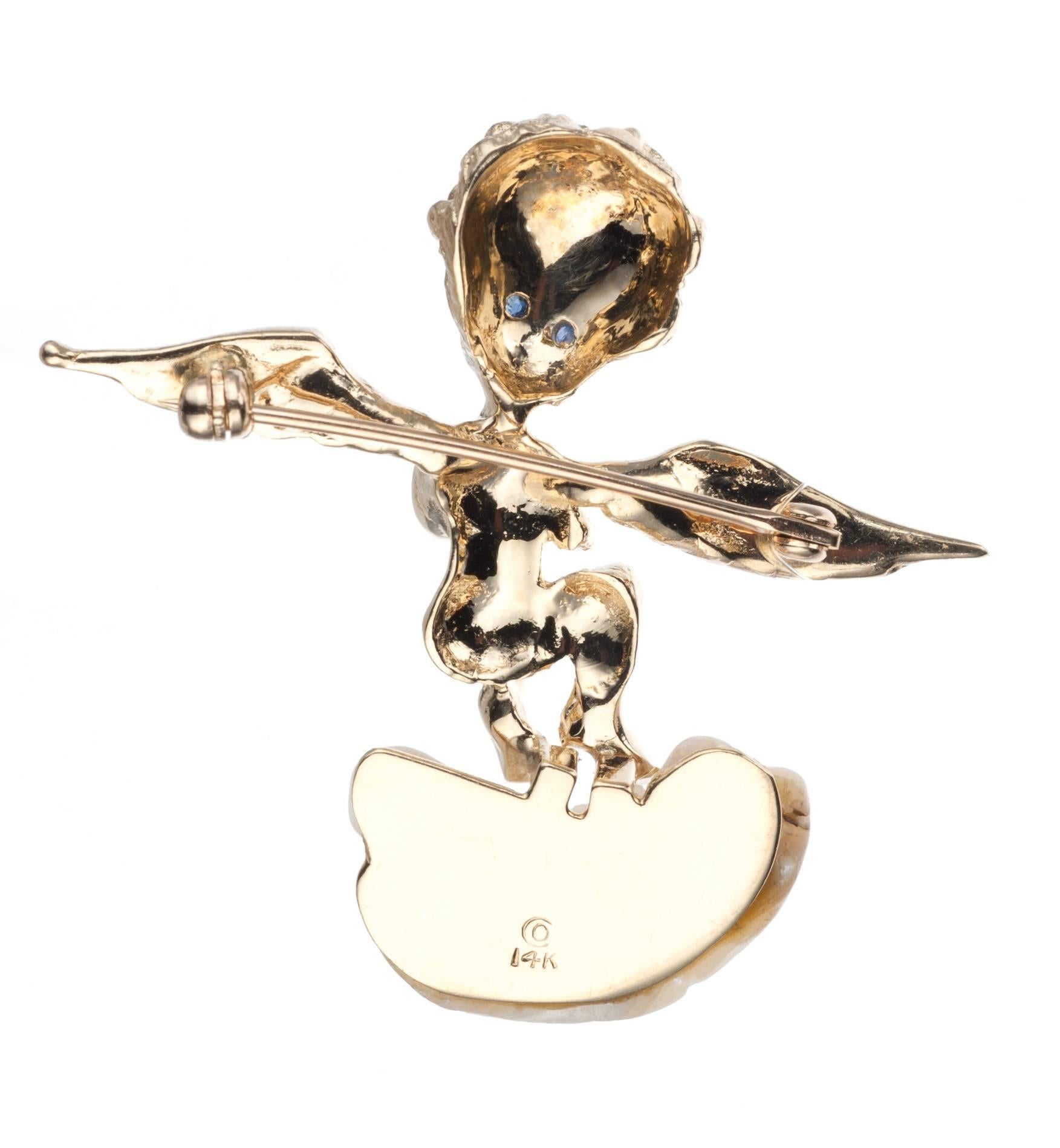 Women's Cherub Brooch with Pearl and Sapphire in 14 Karat Yellow Gold For Sale