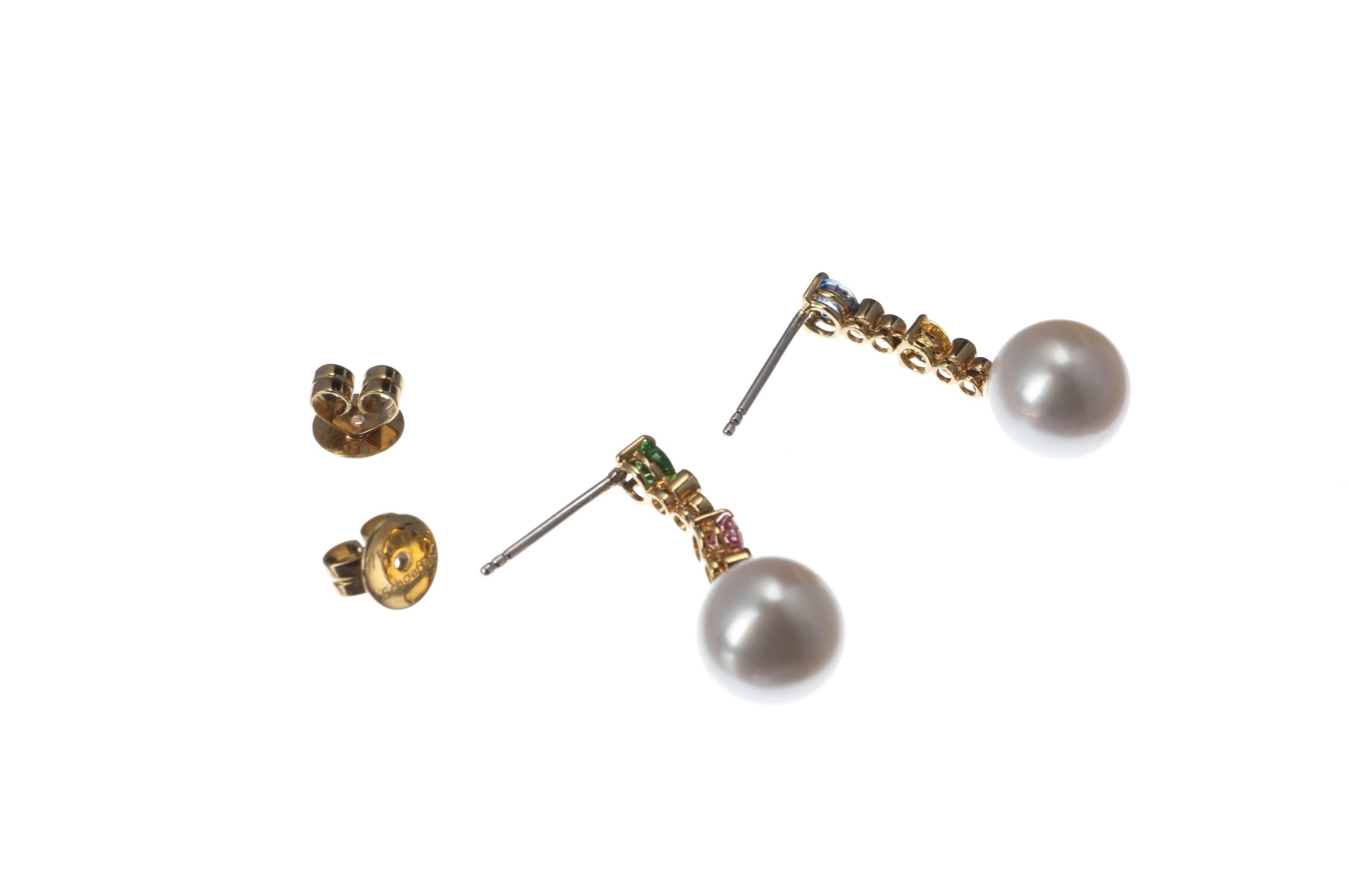Contemporary Schoeffel Pearl, Sapphire, Diamond and Tsavorite Drop Earrings in 18 Karat Yello For Sale