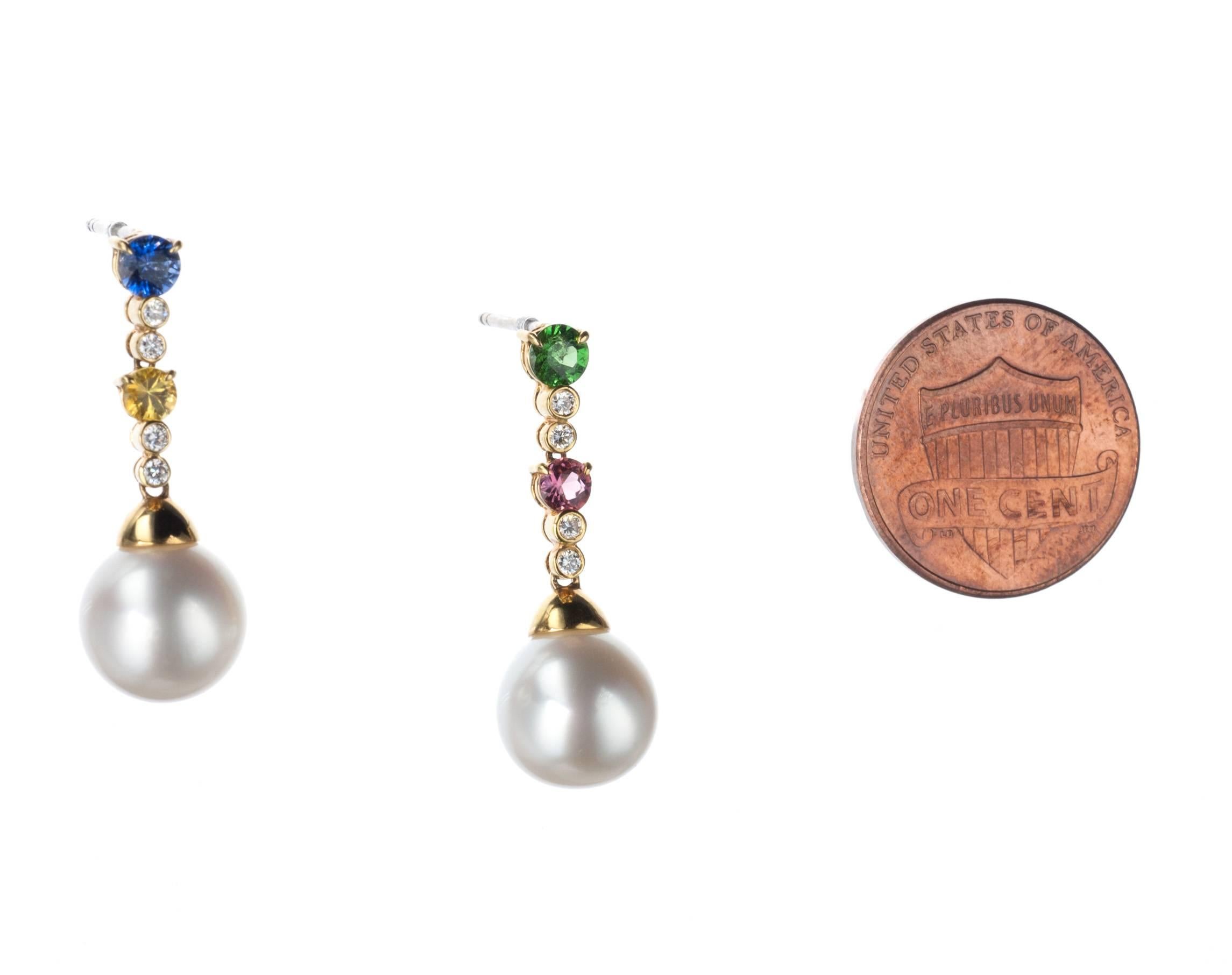 Schoeffel Pearl, Sapphire, Diamond and Tsavorite Drop Earrings in 18 Karat Yello For Sale 1