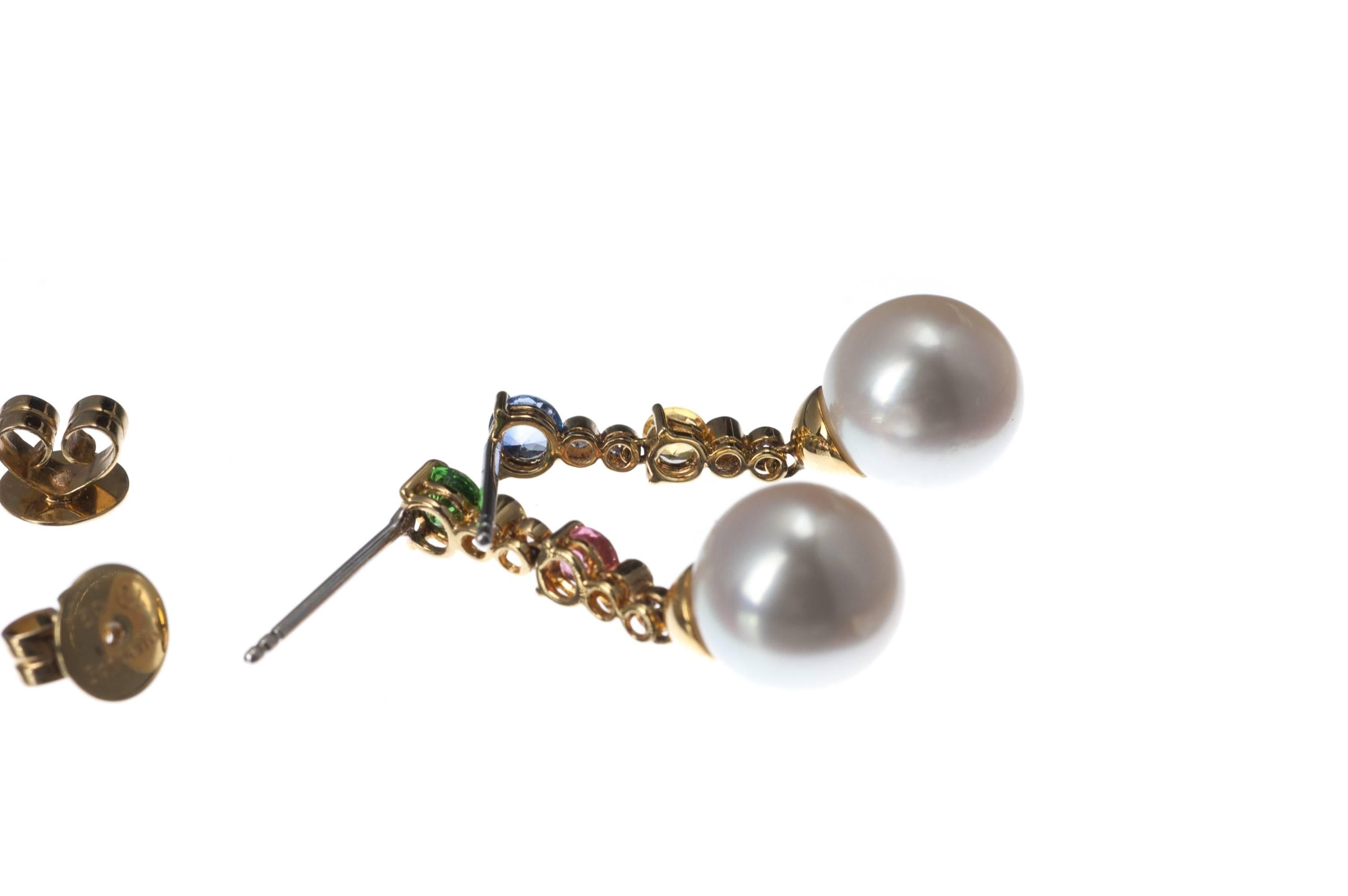 Schoeffel Pearl, Sapphire, Diamond and Tsavorite Drop Earrings in 18 Karat Yello In Excellent Condition For Sale In Saint Louis, MO