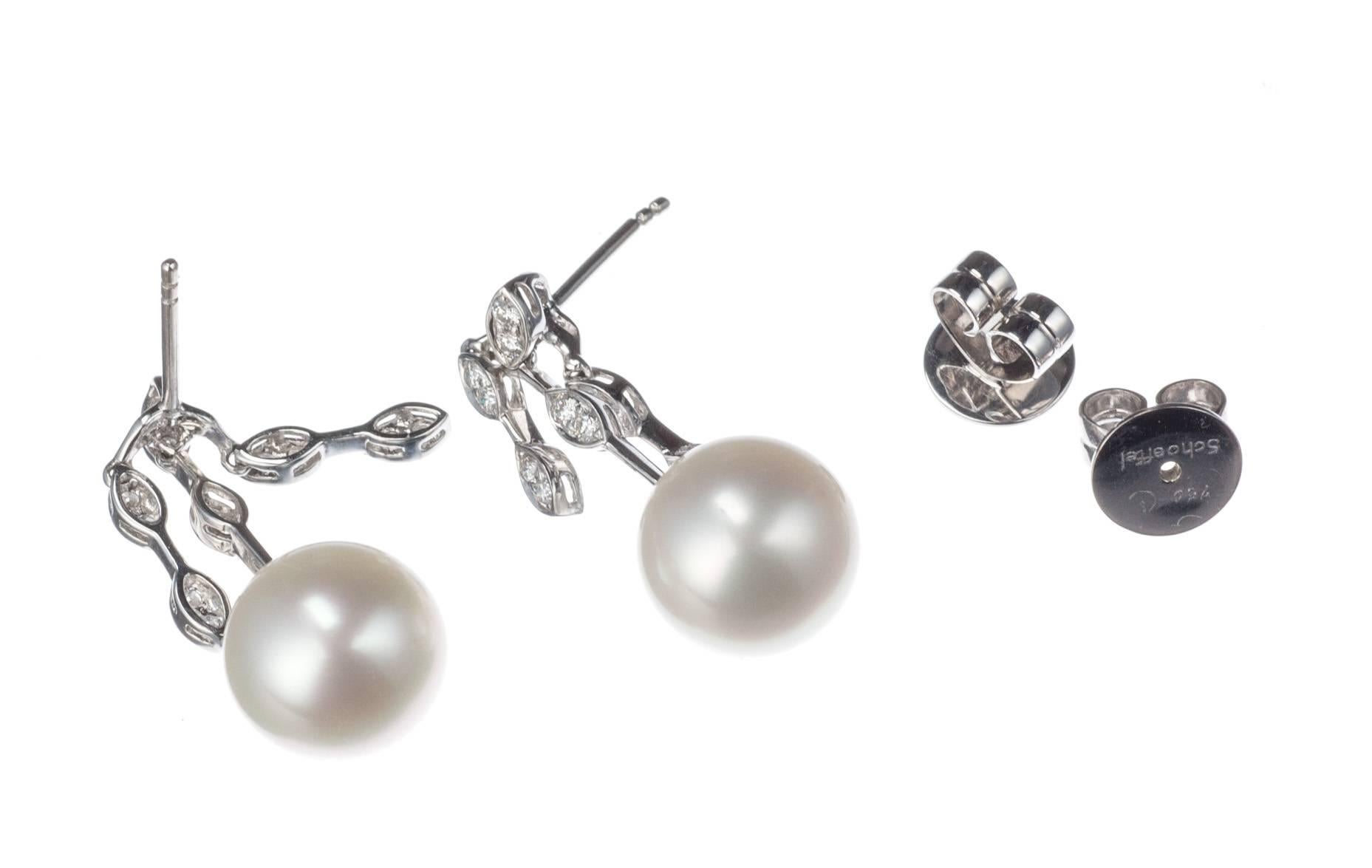 Contemporary Schoeffel Pearl and Diamond Drop Earrings in 18 Karat White Gold For Sale