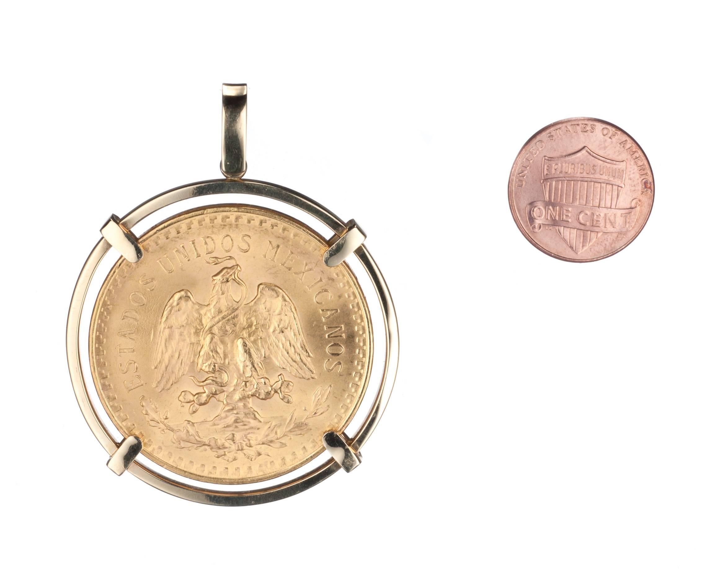 Mexican Peso in 14 Karat Yellow Gold Pendant Frame 1
