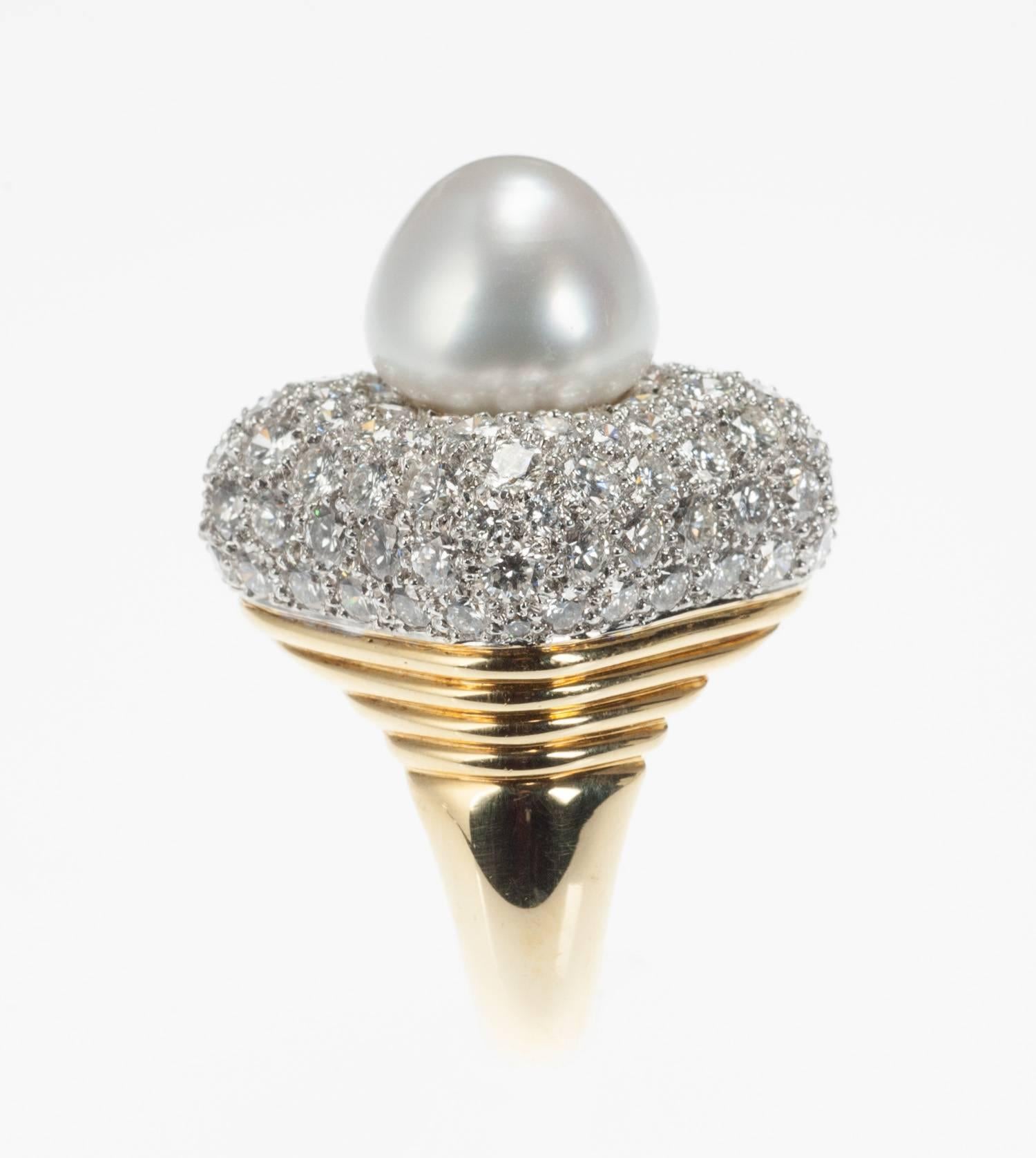 Women's Pearl Pave Diamond Gold Platinum Ring For Sale