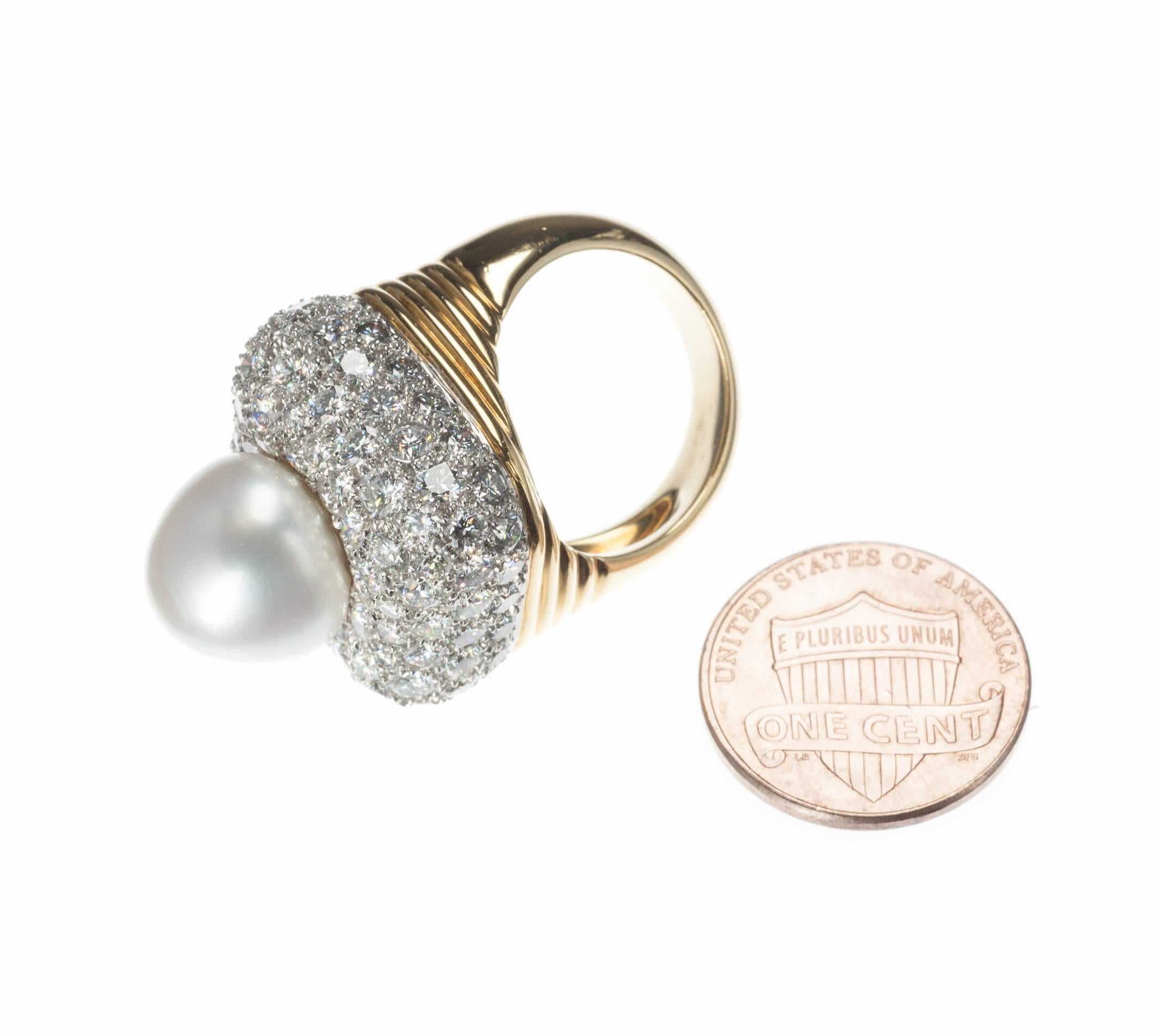Pearl Pave Diamond Gold Platinum Ring For Sale 2