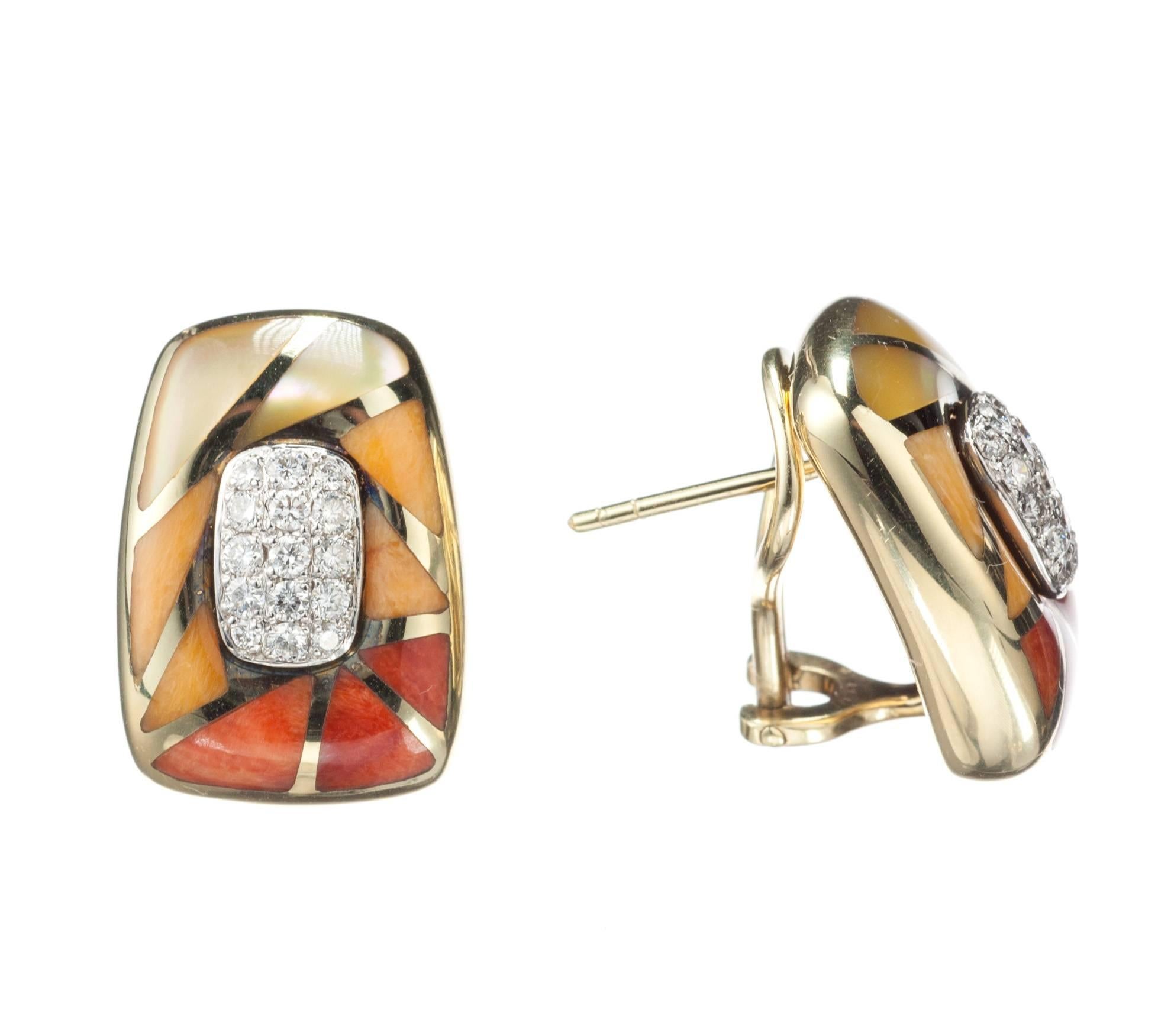 From designer Asch-Grossbardt, a pair of 18-karat yellow gold earrings are inlaid with precise attention to detail. Red and orange spiny oyster, as well as luminous mother-of-pearl and 30 brilliant-cut round diamonds, .38ctw., make these unique