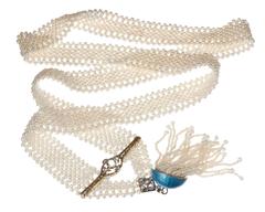 Pearl Sautoir Necklace with Tassel and Aquamarine Accent