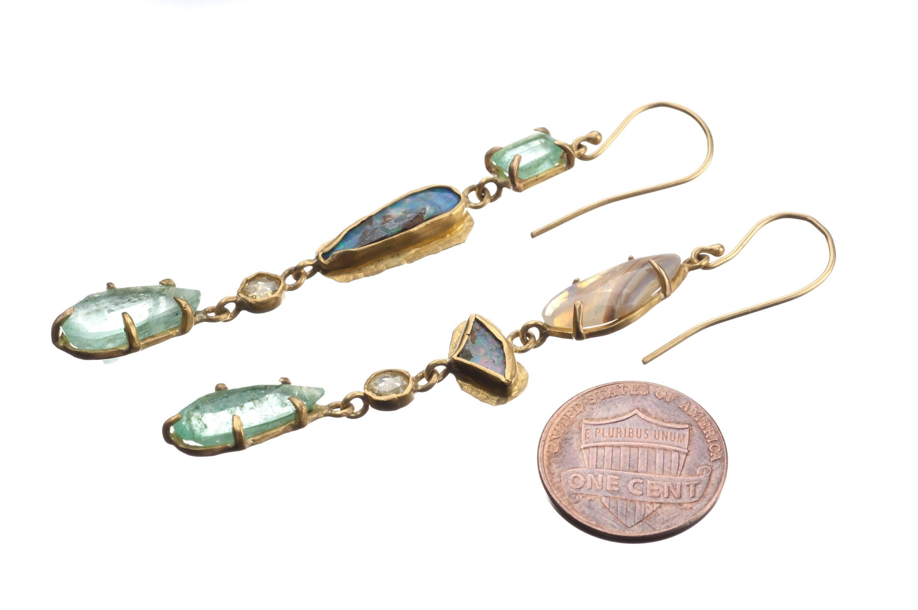 Margery Hirschey Boulder Opal and Emerald 22-Karat Gold Drop Earrings For Sale 1
