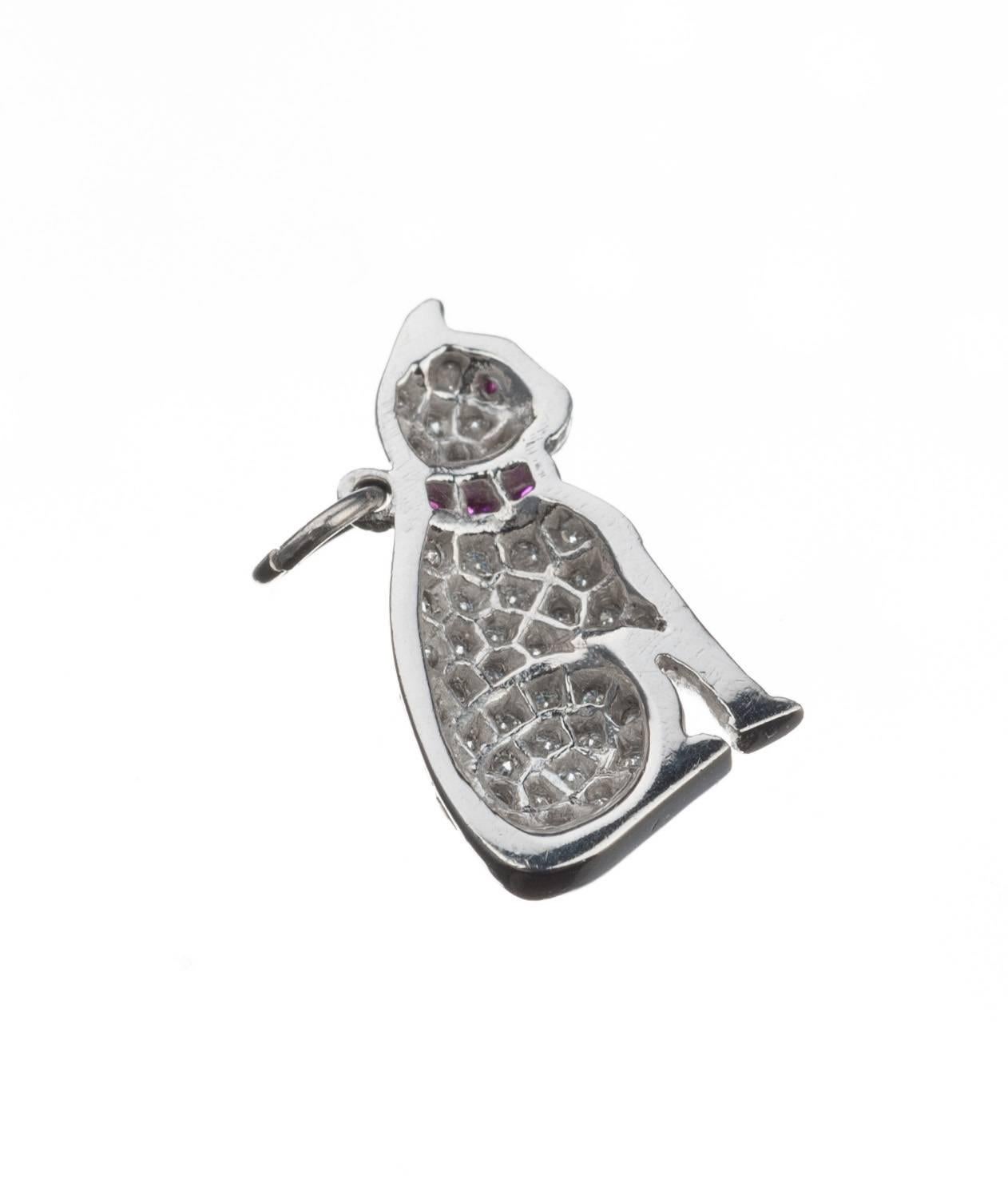 Contemporary Cat Charm with Rubies and Diamonds in Platinum For Sale