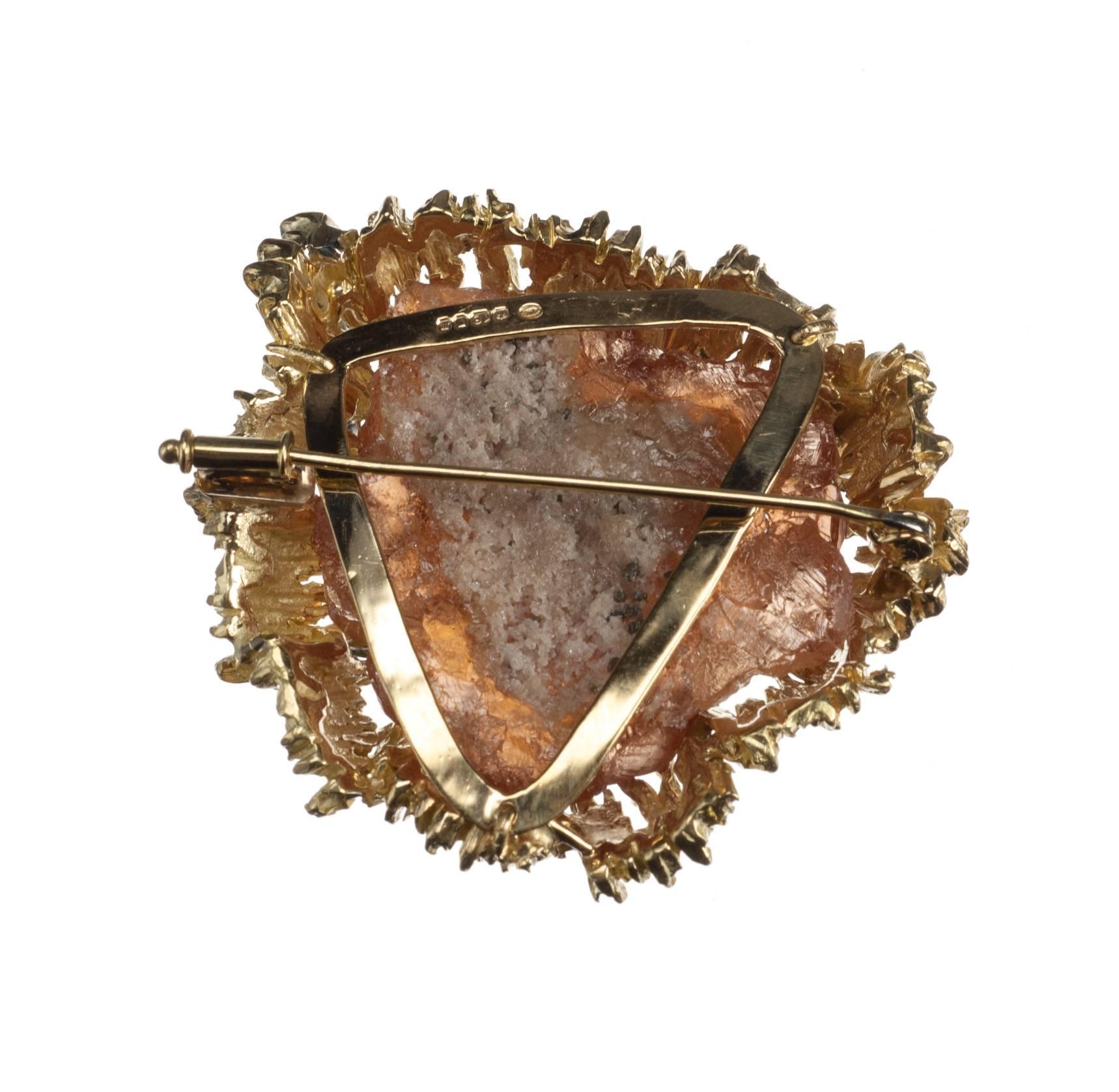 Brownish-Orange Fluorite Crystal and Diamond Brooch In New Condition For Sale In Saint Louis, MO