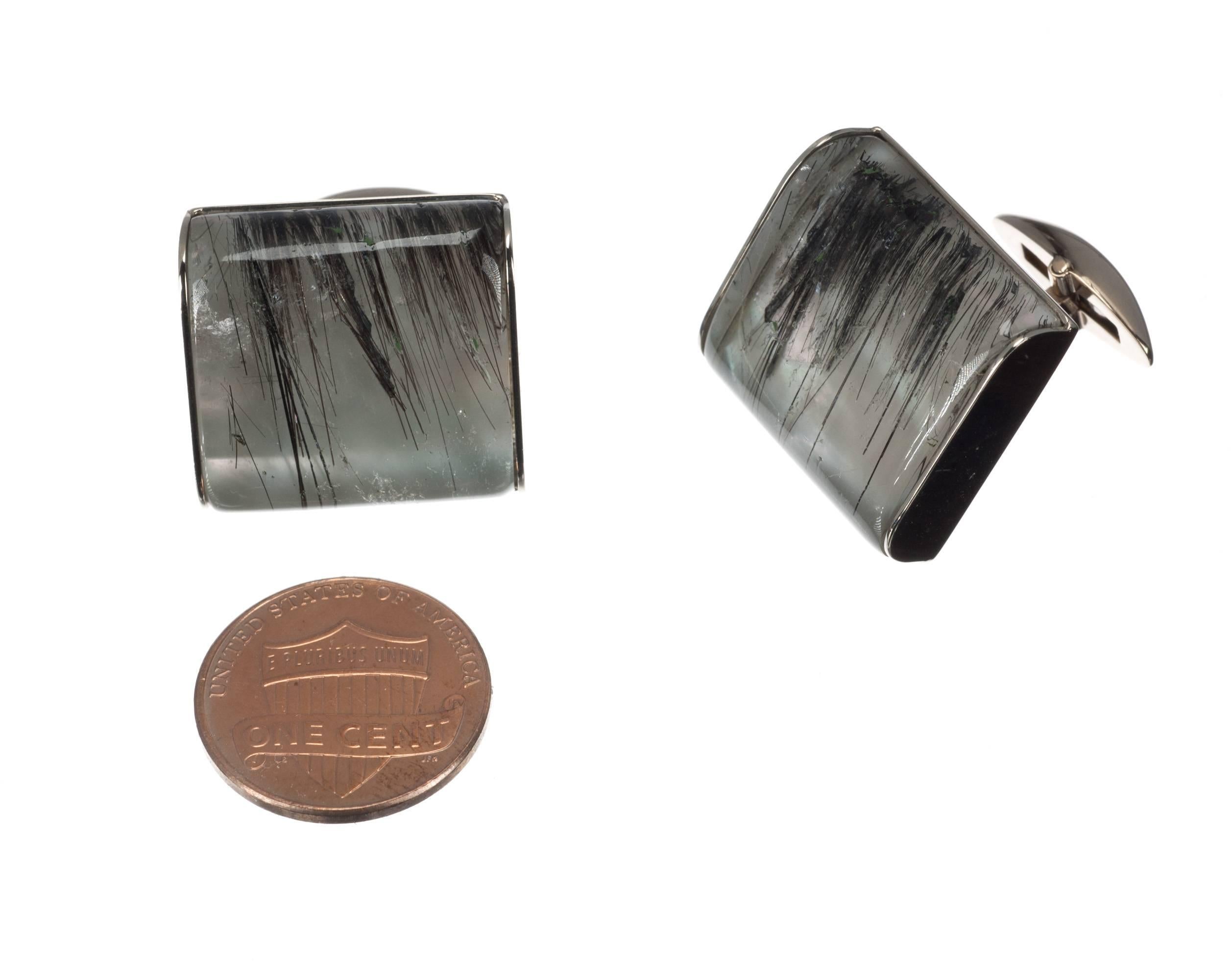 Tourmalinated Quartz and Mother-of-Pearl Gold Cufflinks 2